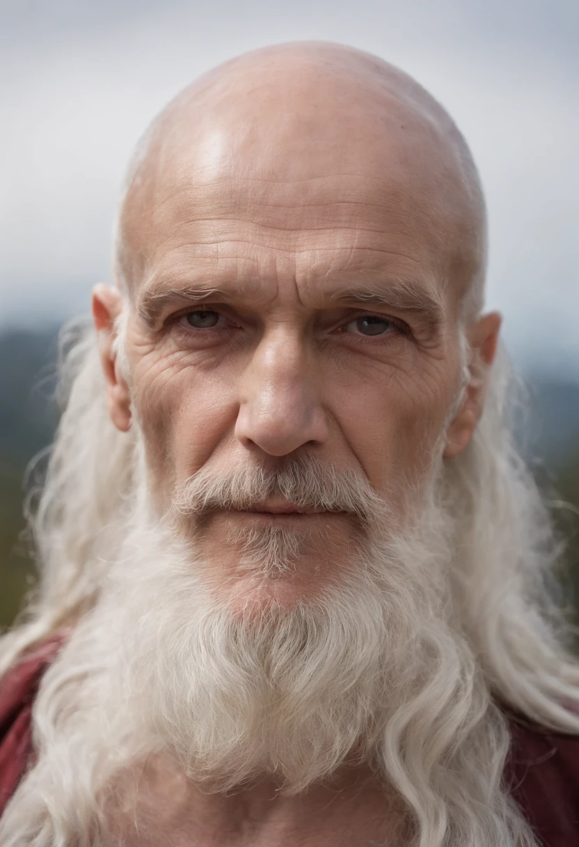 Wrinkled old man, emaciated, demonic, Regard dur, piercing gaze, angry look, grosse moustache blanche, bushy mustache with thick hair, Calvitie, long hair on the sides, very long and wavy white hair, portant des boucles d'oreilles en or, Golden ring earrings, anneaux aux oreilles, Severe baldness on the top of the skull, no hair on top of the head, The top of his skull is a glass dome through which we see his brain, il n'a Pas de barbe, pas de poils au menton, Pas de barbe, barbe absente,