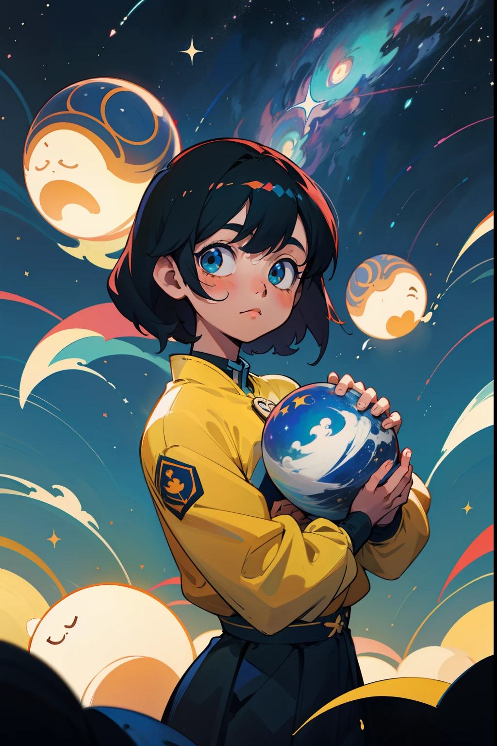 uma pintura de uma menina segurando uma bola de uz, Directed by: Tosa Mitsuoki, Directed by: Eizan Kikukawa, Guweiz em Pixiv ArtStation, Directed by: Yamagata Hiro, Non-Pixiv digital art, Directed by: Yanjun Cheng, dreamy illustration, estrelas brilhando, por Yang J, cosmic skies. Por Makoto Shinkai, Epaço sideral, galaxy, estrelas, fundo minimalista, garota, anime, garota, papel de parede, rosto, fundo claro simples, Fundo quadriculado, fundo minimalista, fundo pequeno, olhando para o espectador, ruiva