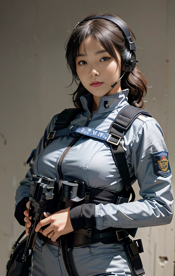 (Highest image quality, outstanding details, ultra-high resolution, realism), highly condensed 1 beautiful girl, with a delicate and beautiful face, ((cowboy shot)), (a bit chubby:0.4), (wearing black racing suit likes police uniform, black and grey mecha, wearing military harness, high-tech heavy gasmask, holding a machinegun), (chubby:0.3, small breasts), (cloths color base ratio black:0.4 white:0.5 other-color:0.1), background simple grey concrete,