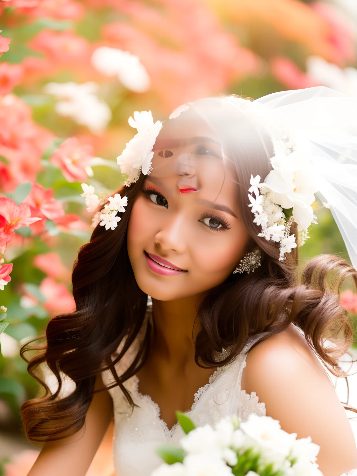 Woman wearing white bridal gown Long hair, tanned skin. Beautiful face in the flower garden