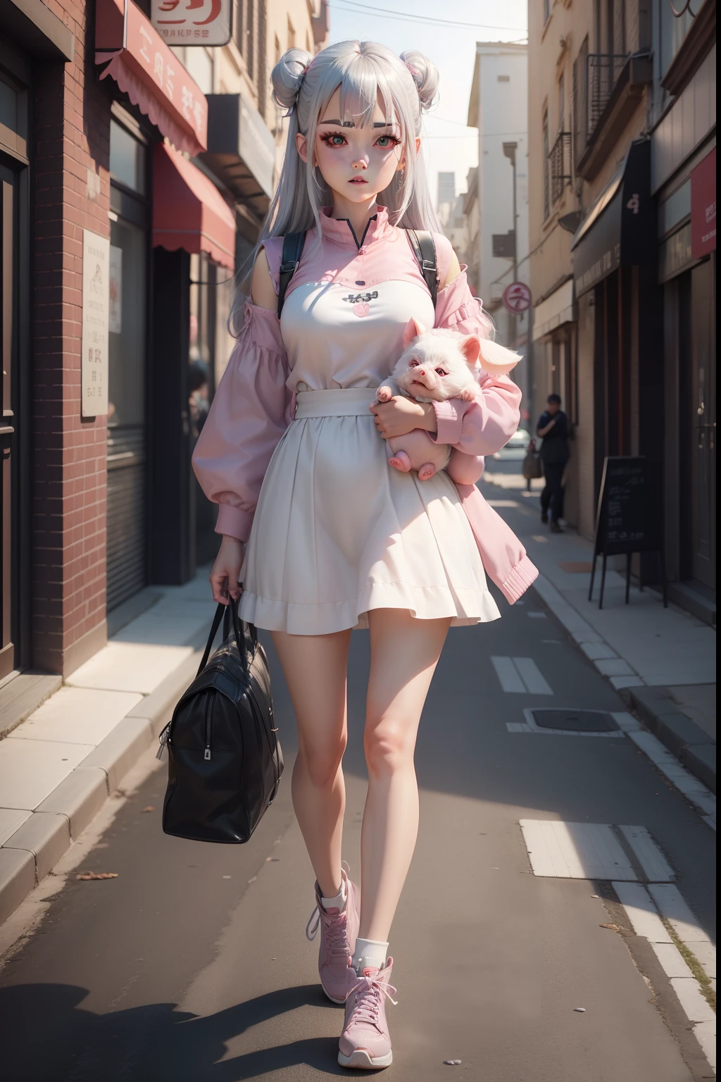 animemanga girl(Silvery hair,Pink eyes,Zi Yi held a pig in his arms on the street, Guviz-style artwork, Realistic anime 3 D style, lovely digital painting, 3 d anime realistic, Cute detailed digital art, anime styled 3d, Kawaii realistic portrait, render of a cute 3d anime girl, photorealistic anime girl rendering, 3 D rendering character art 8 K