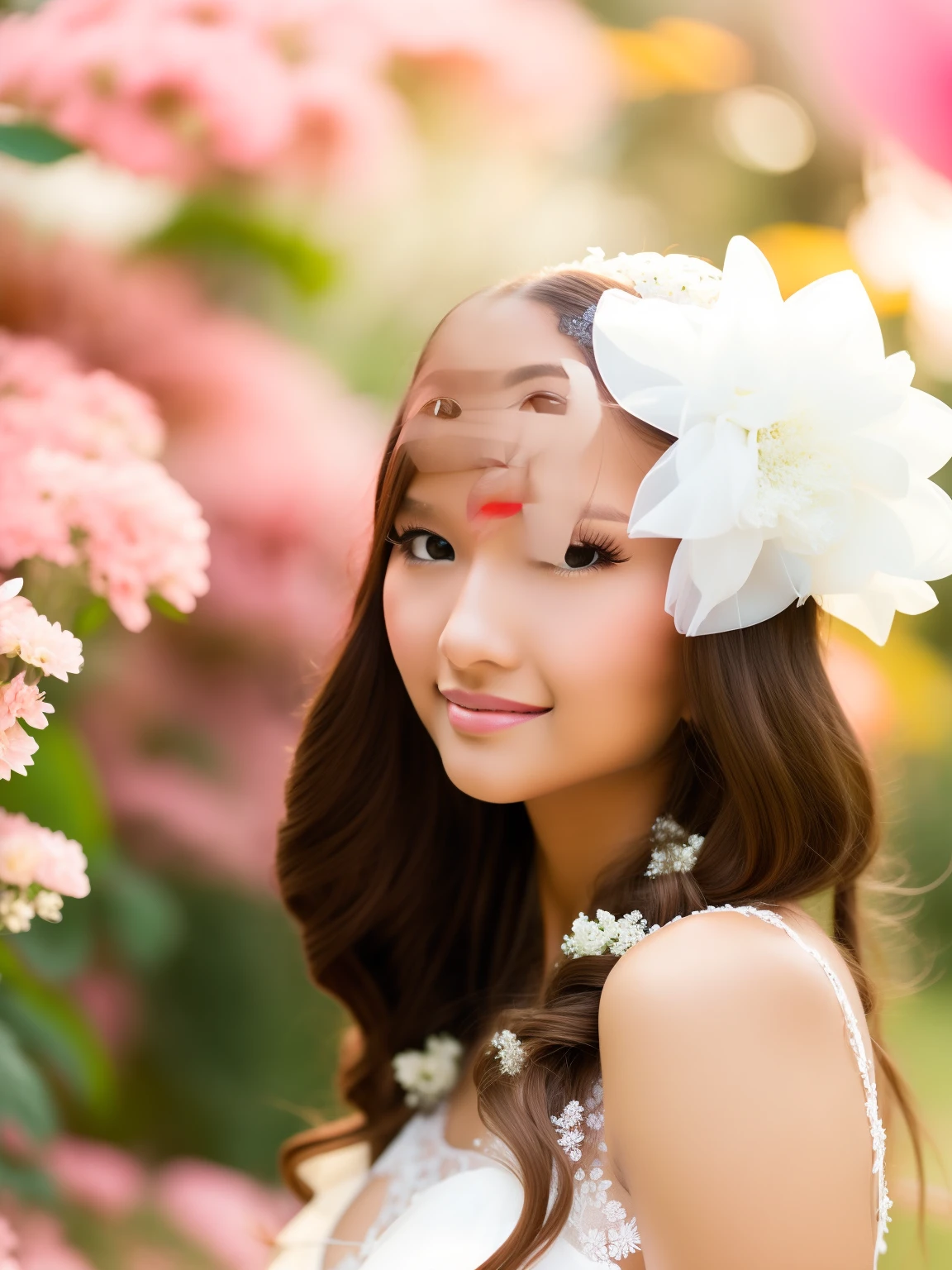 Woman wearing white bridal gown Long hair, tanned skin. Beautiful face in the flower garden