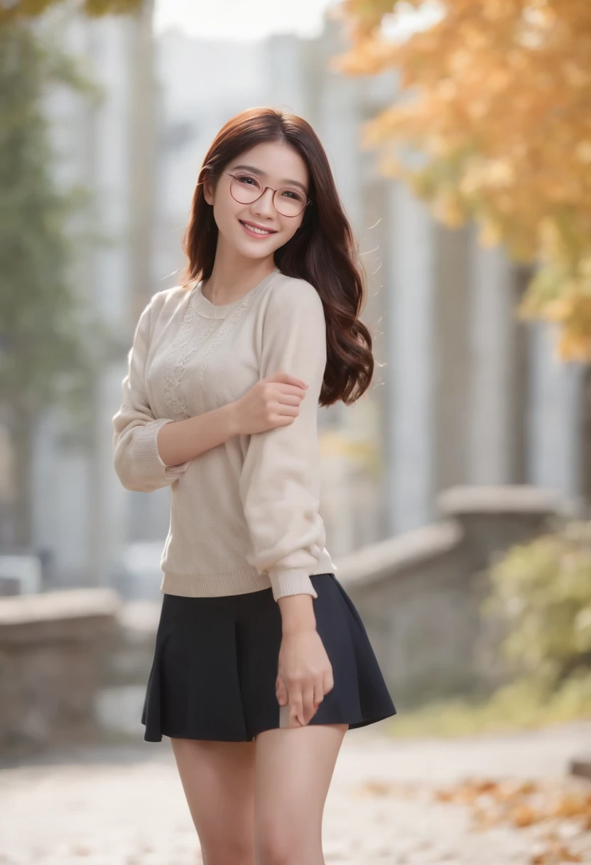 masterpiece, a smiling girl with holding one hand and bow her body, swirling long hair, in street, autumn feel, wearing a shirt and a short skirt and slippers, one hand holding anothers hand behind, light shine from aside, a cinematic condition, japanese girl, fixed hand and finger (only 5 fingers each hand) , humanise, in indonesia background style, black hair, wear a thin glasses, standing pose, full body