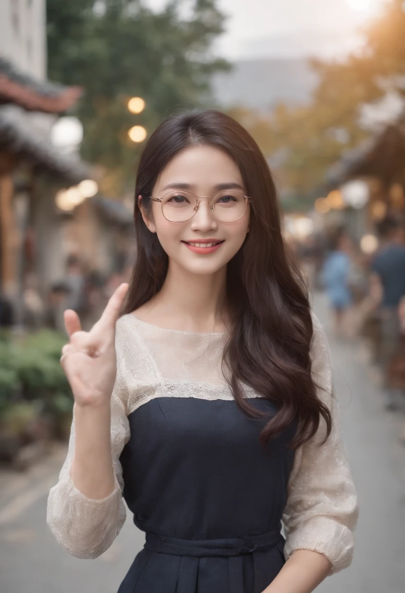 masterpiece, a smiling girl with holding one hand and bow her body, swirling long hair, in street, autumn feel, wearing a shirt and a short skirt and slippers, one hand holding anothers hand behind, light shine from aside, a cinematic condition, japanese girl, fixed hand and finger (only 5 fingers each hand) , humanise, in indonesia background style, black hair, wear a thin glasses, standing pose, full body