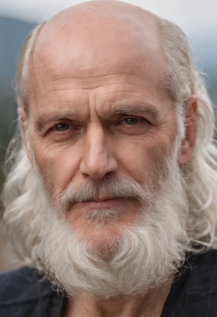 Wrinkled old man, emaciated, demonic, Regard dur, piercing gaze, angry look, grosse moustache blanche, bushy mustache with thick hair, Calvitie, long hair on the sides, very long and wavy white hair, portant des boucles d'oreilles en or, Golden ring earrings, anneaux aux oreilles, Severe baldness on the top of the skull, no hair on top of the head, The top of his skull is a glass dome through which we see his brain, il n'a Pas de barbe, pas de poils au menton, Pas de barbe, barbe absente, barbe de 3 jours