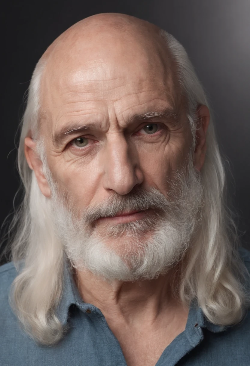 Wrinkled old man, emaciated, demonic, Regard dur, piercing gaze, angry look, grosse moustache blanche, bushy mustache with thick hair, Calvitie, long hair on the sides, very long and wavy white hair, portant des boucles d'oreilles en or, Golden ring earrings, anneaux aux oreilles, Severe baldness on the top of the skull, no hair on top of the head, The top of his skull is a glass dome through which we see his brain, il n'a Pas de barbe, pas de poils au menton, Pas de barbe, barbe absente, barbe de 3 jours
