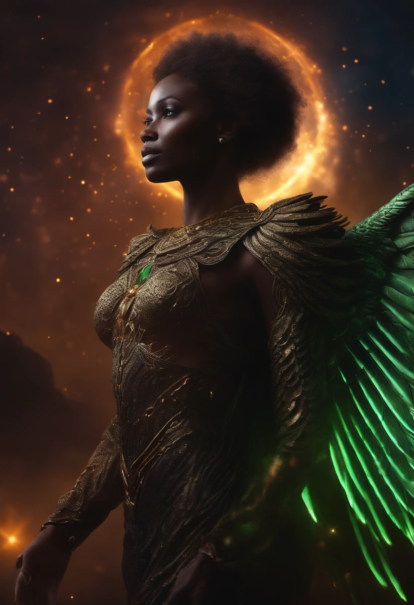 Cosmic Fallen Angel, glowing light eyes, African, eerie, Creepy, nightmarish, Very bright colors, Light particles, with light glowing, Mshiff, cinematic art, UHD wallpaper, realistic, war, black skin