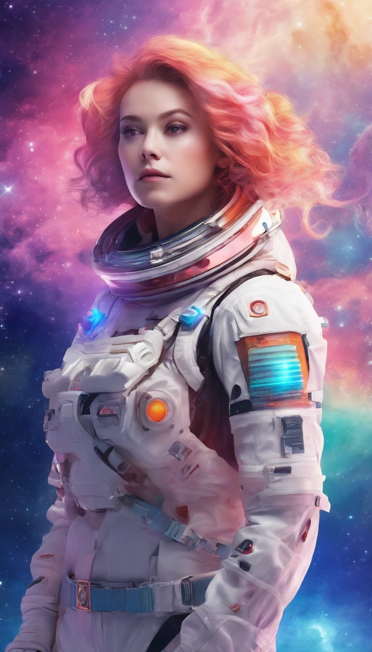 Futurism, 1 woman, Captain of the spaceship, Full-length, with short stranded light red hair, green-blue eyes, in a mint-colored spacesuit with white inserts, Art, higly detailed