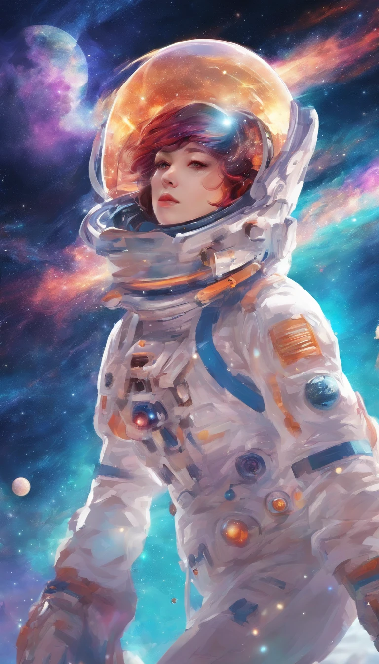 Full body view poster with girl in spacesuit and stars, portrait anime space cadet girl, portrait gloves astronaut girl, girl in space, Artgerm JSC, Guweiz style art work, by Russell Lu Dongjun, Kuleilei(Qu Leilei), Works inspired by Leng Mei, 1 9 6 0 seconds space girl psychedelic surreal space background space graphic art space