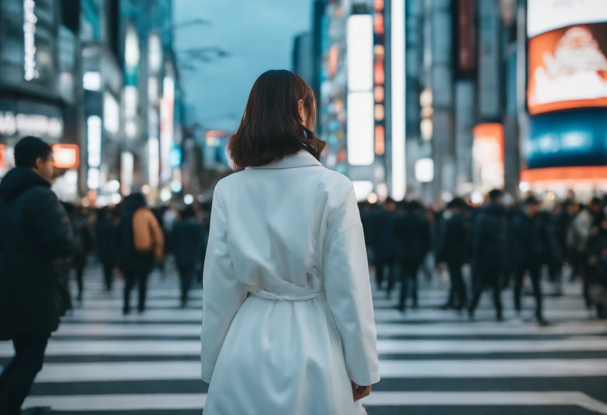 a young girl that wear white cyber fashion is standing on The real Shibuya crossing in japan, back view of whole body, Subject is in the center on the load, super zoom out shot, cyber cute fashion like a animation, chromatic aberration, wide angle shot, wide angle lens, hyper real, photo real, high contrast, 8k, 4k, high resorution, scenery of japan, kawaii japan