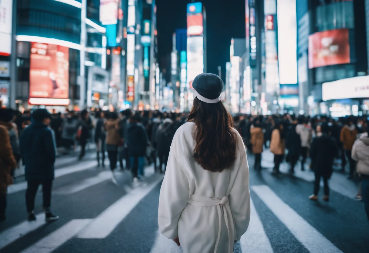 a young girl that wear white cyber fashion is standing on The real Shibuya crossing in japan, back view of whole body, Subject is in the center on the load, super zoom out shot, cyber cute fashion like a animation, chromatic aberration, wide angle shot, wide angle lens, hyper real, photo real, high contrast, 8k, 4k, high resorution, scenery of japan, kawaii japan