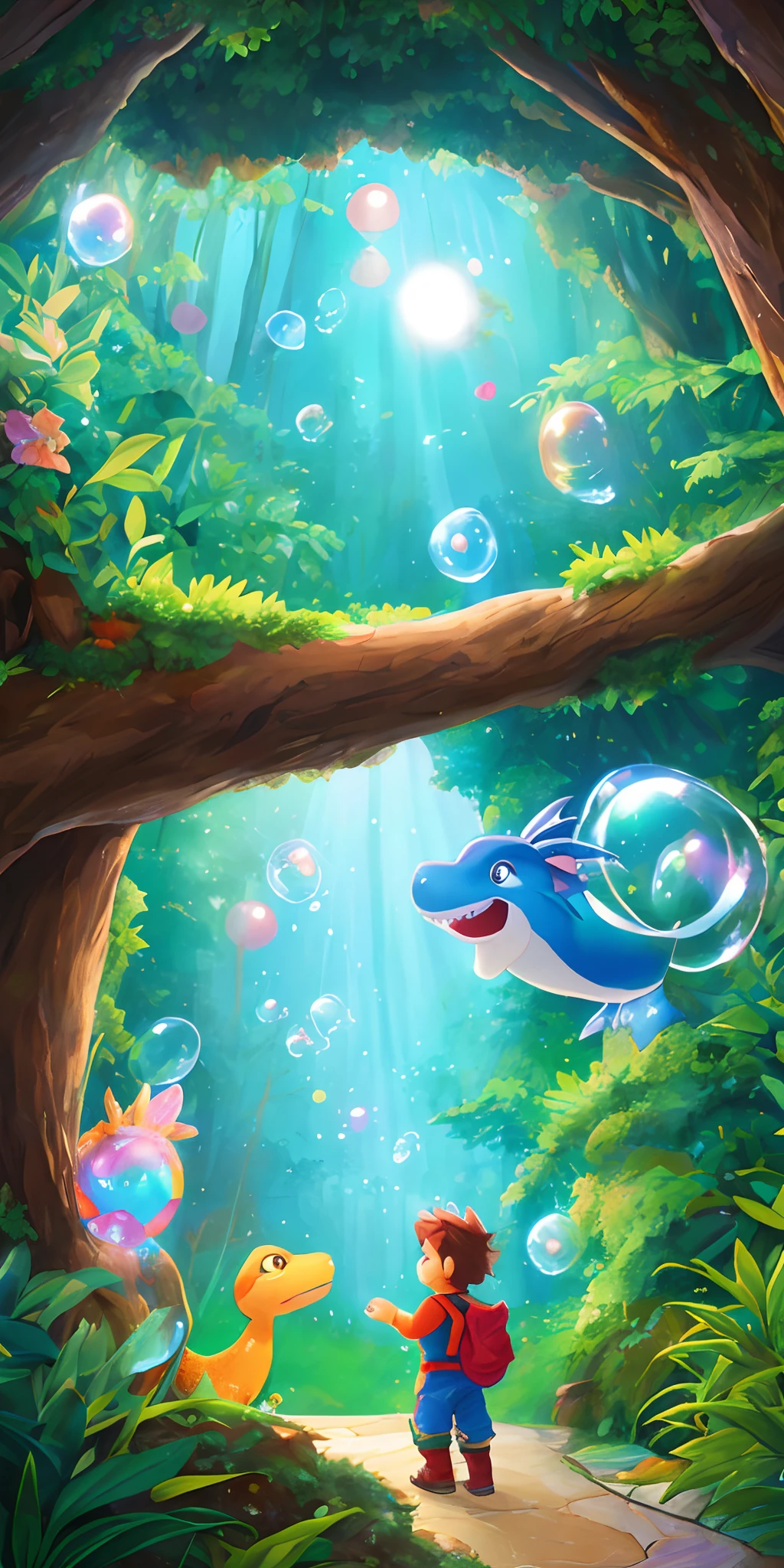 Uma imagem do coelho Tico, com olhos arregalados de surpresa, looking at the small door in the trunk of the tree.

A representation of the "Reino das Bolhas Coloridas", with glowing soap bubbles floating in the air, forming a magical and colorful scenery.

An illustration of Tico befriending the little dragon Dino, ambos sorrindo e explorando o reino juntos.

Uma cena em que Tico e seus amigos enfrentam desafios durante a busca pelo "Cristal da Coragem", perhaps crossing an unstable bridge or navigating a river of bubbles.

A final image showing Tico returning to his forest, Now with confidence and without fear, while sharing his stories with other forest animals.

An illustration that depicts the main message of the story: Tico looking into a magic mirror that reflects his inner courage.