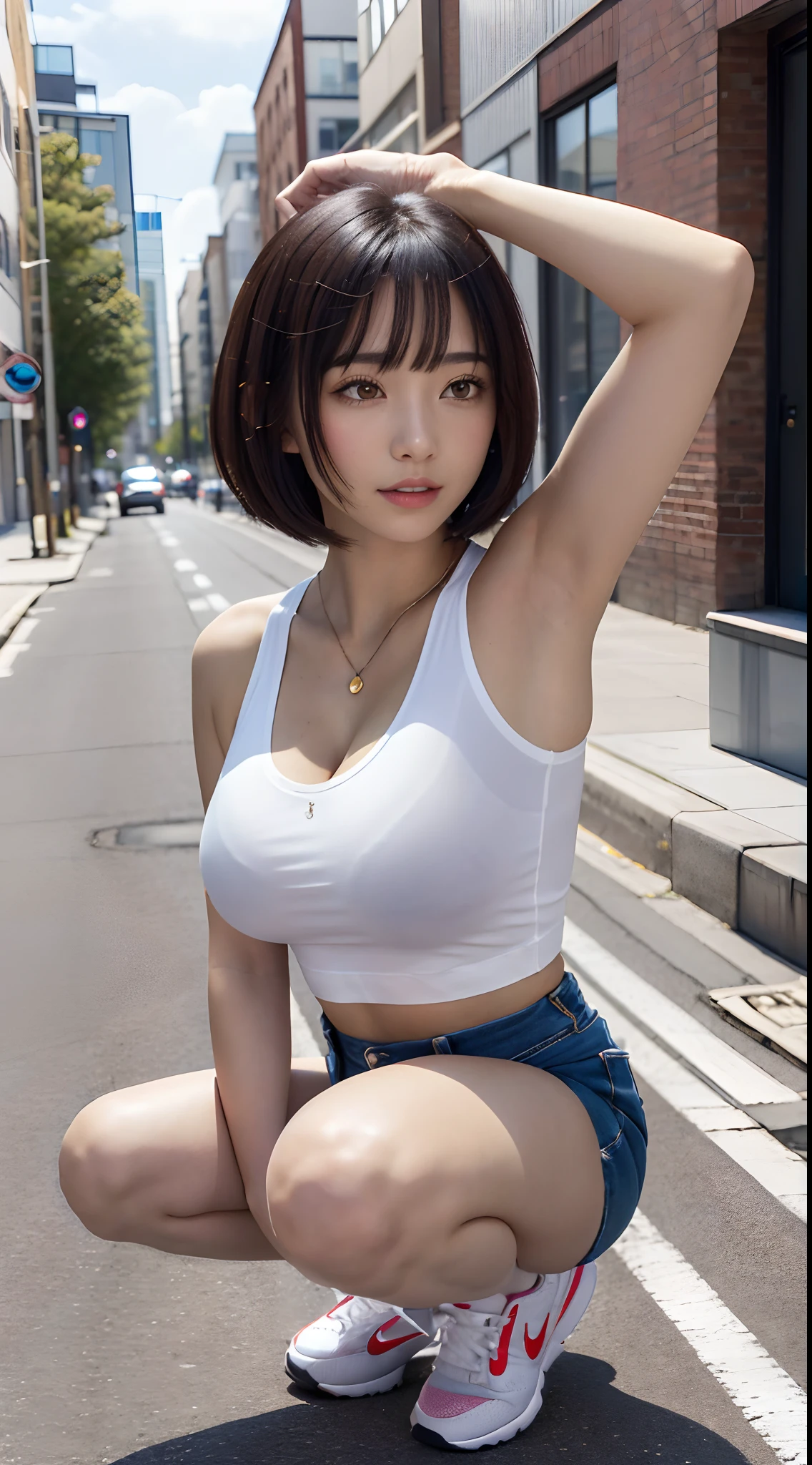 (8K, 超A high resolution, Best Quality, masutepiece:1.2),(18year old:1.2)、(Look away)、8K、RAW portrait of japanese girl、Photorealsitic、超A high resolution、top-quality、 (quite massive chest、cleavage of the breast:1.3)(White T-shirt、Damage Micro Mini Hot Pants、Hang the jacket over your shoulders:1.25)、(in a street:1.2) BREAK (Natural Skin Texture、Detailed skin、Hyper-Realism、ultra sharpness)、intricate detailes、depth of fields、Show the armpits、(Short-haired black hair、White Nike Sneakers:1.2)(Open your legs wide to the sides、bend knee:1.2)