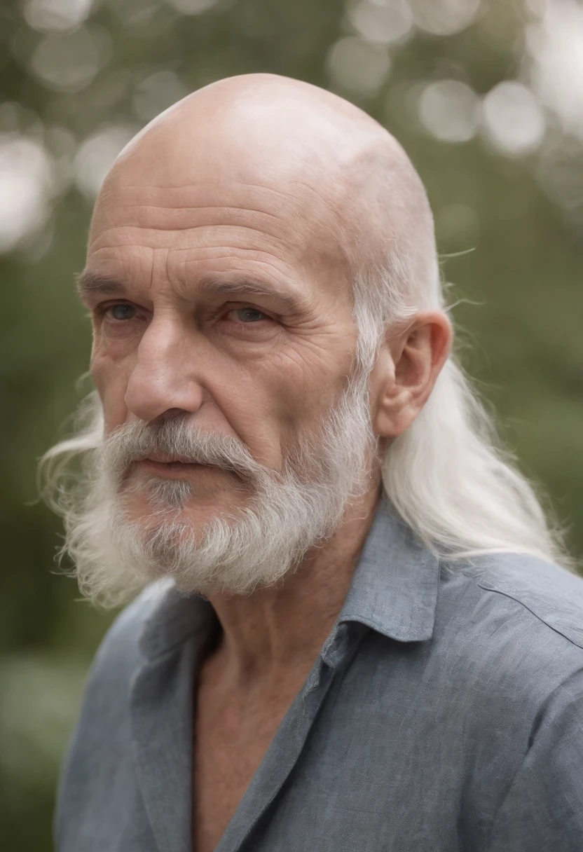 Wrinkled old man, emaciated, demonic, Regard dur, piercing gaze, angry look, grosse moustache blanche, bushy mustache with thick hair, Calvitie, long hair on the sides, very long and wavy white hair, portant des boucles d'oreilles en or, Golden ring earrings, anneaux aux oreilles, Severe baldness on the top of the skull, no hair on top of the head, The top of his skull is a glass dome through which we see his brain, il n'a Pas de barbe, pas de poils au menton, Pas de barbe, barbe absente,