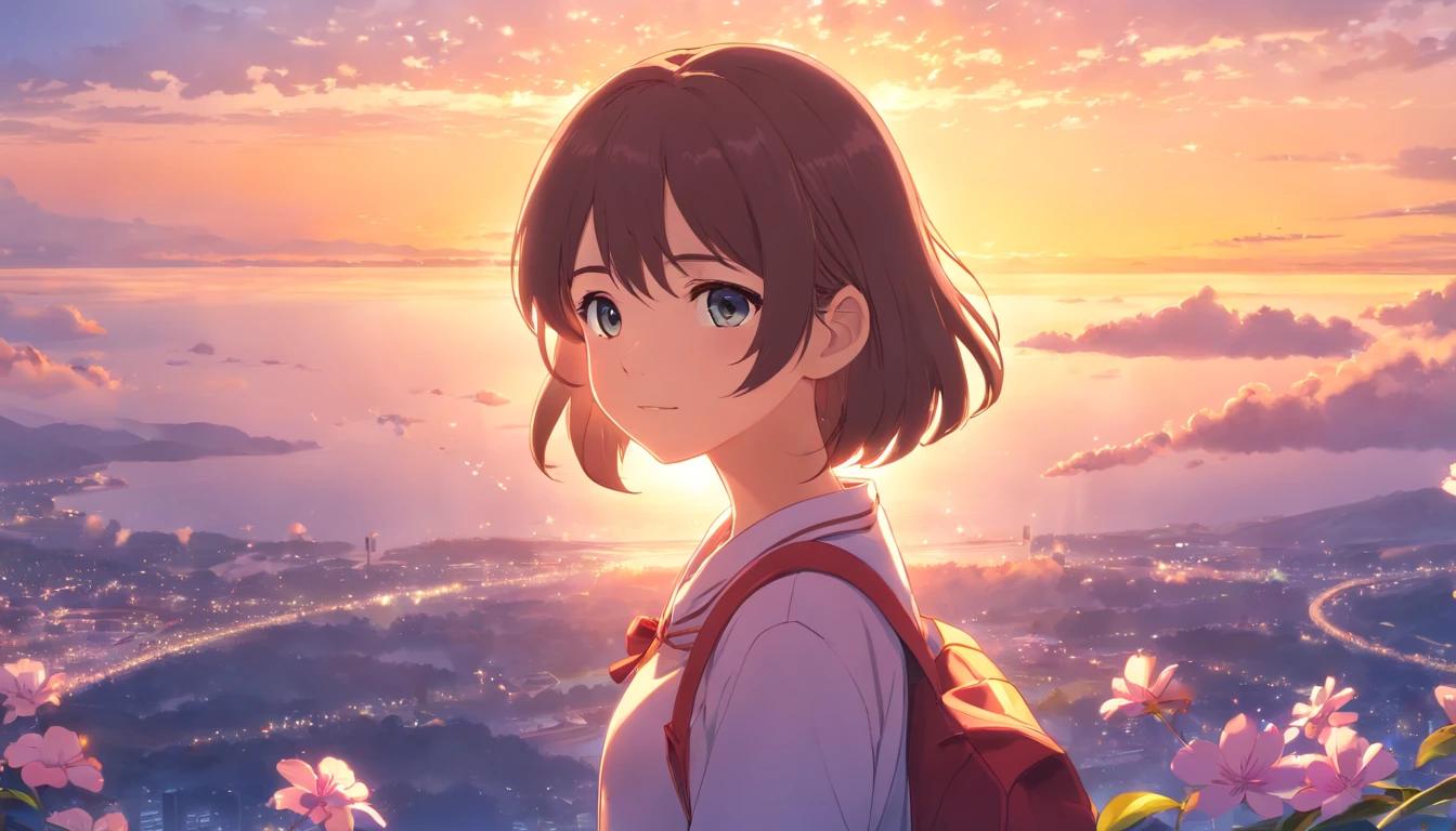 Bloom light, 1girl, Wearing school clothes, looking at viewer, Masterpiece, (anime style), glowing, hyper-realistic, ultra resolution, realism, 8k, sky