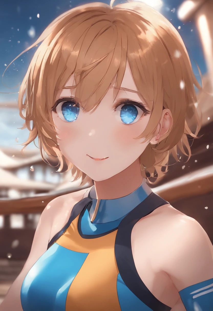 Anime girl, tight swim wear, short hair, blue eyes, sweating, panting