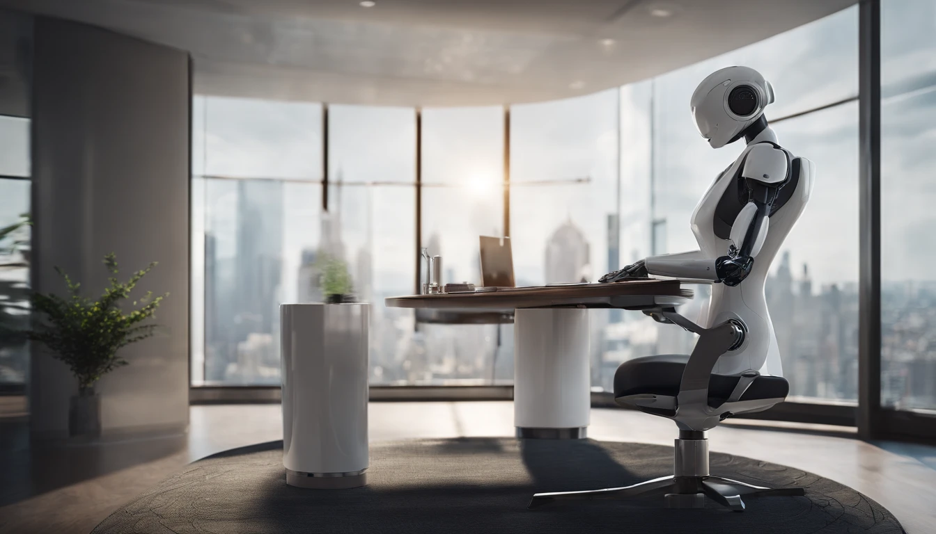 Imagine a futuristic real estate office, bathed in soft, natural light. The office has a modern, open-concept design with floor-to-ceiling windows that offer panoramic views of a city skyline. The furniture is sleek and contemporary, with minimalist decor.
 a humanoid robot is working