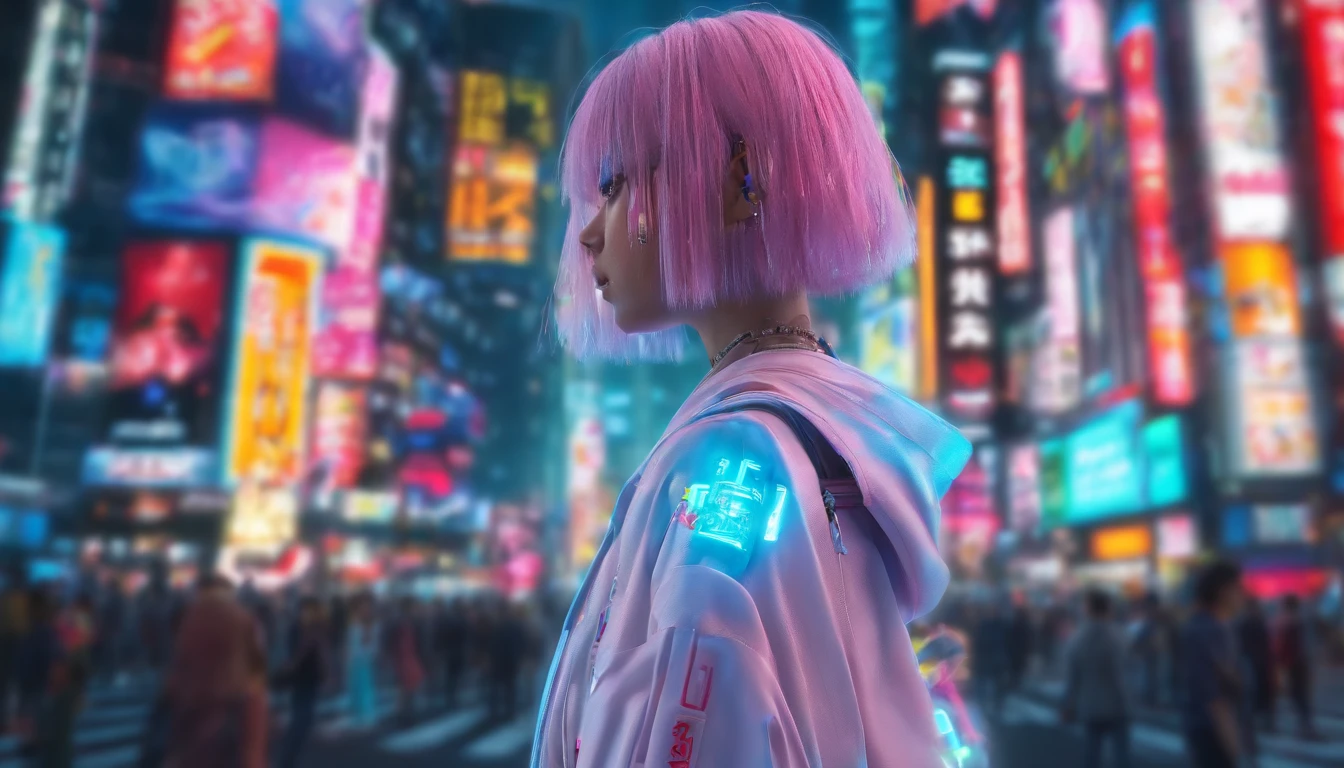 a young girl that wear white cyber fashion is standing on The real Shibuya crossing in japan, back view of whole body, Subject is in the center on the load, super zoom out shot, cyber cute fashion like a animation, chromatic aberration, wide angle shot, wide angle lens, hyper real, photo real, high contrast, 8k, 4k, high resorution, scenery of japan, kawaii japan