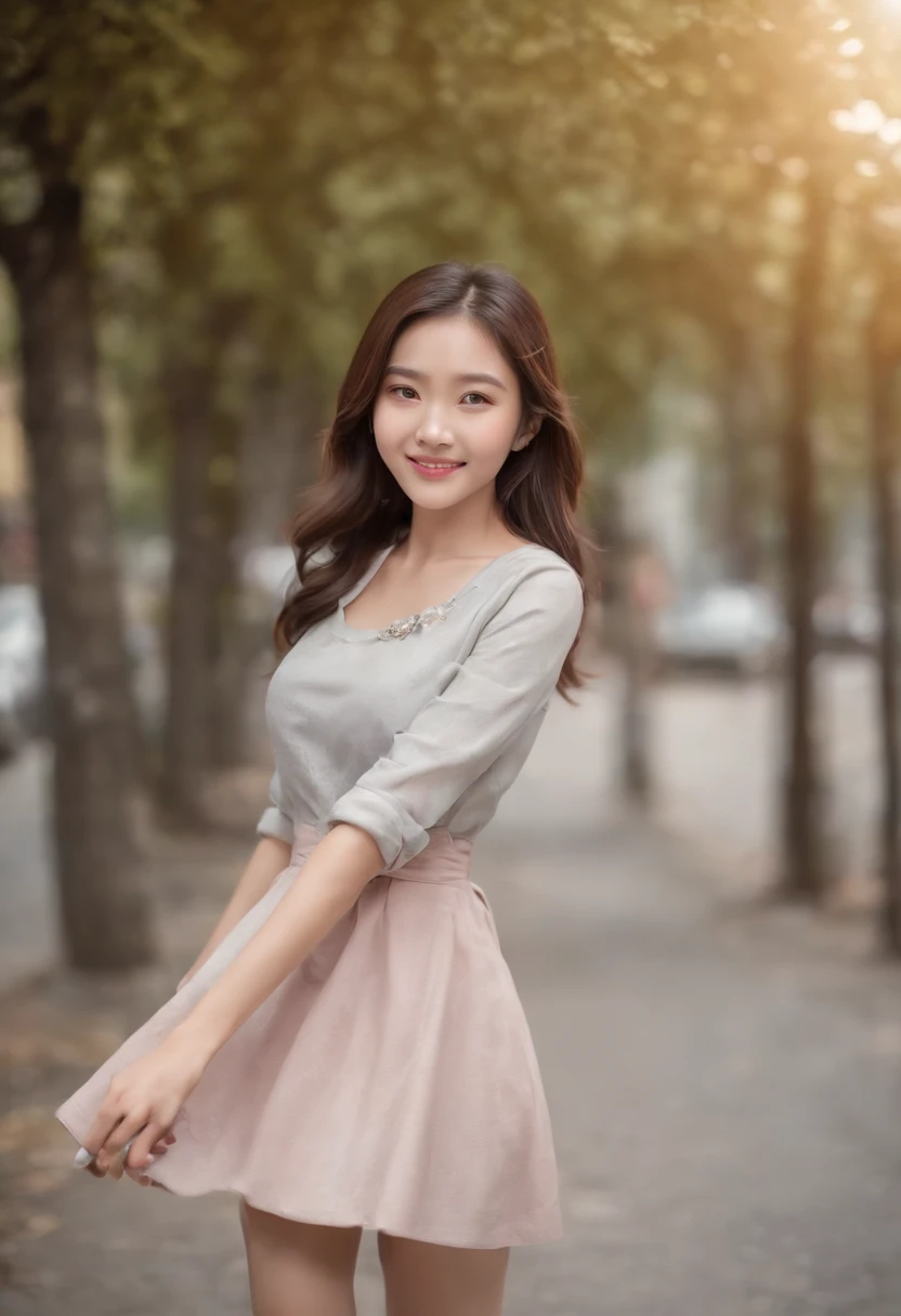 masterpiece, a smiling girl with holding one hand and bow her body, swirling long hair, in street, autumn feel, wearing a shirt and a short skirt and slippers, light shine from aside, a cinematic condition, japanese girl, fixed finger, humanise, in indonesia background style, black hair, wear a thin glasses, standing pose, full body