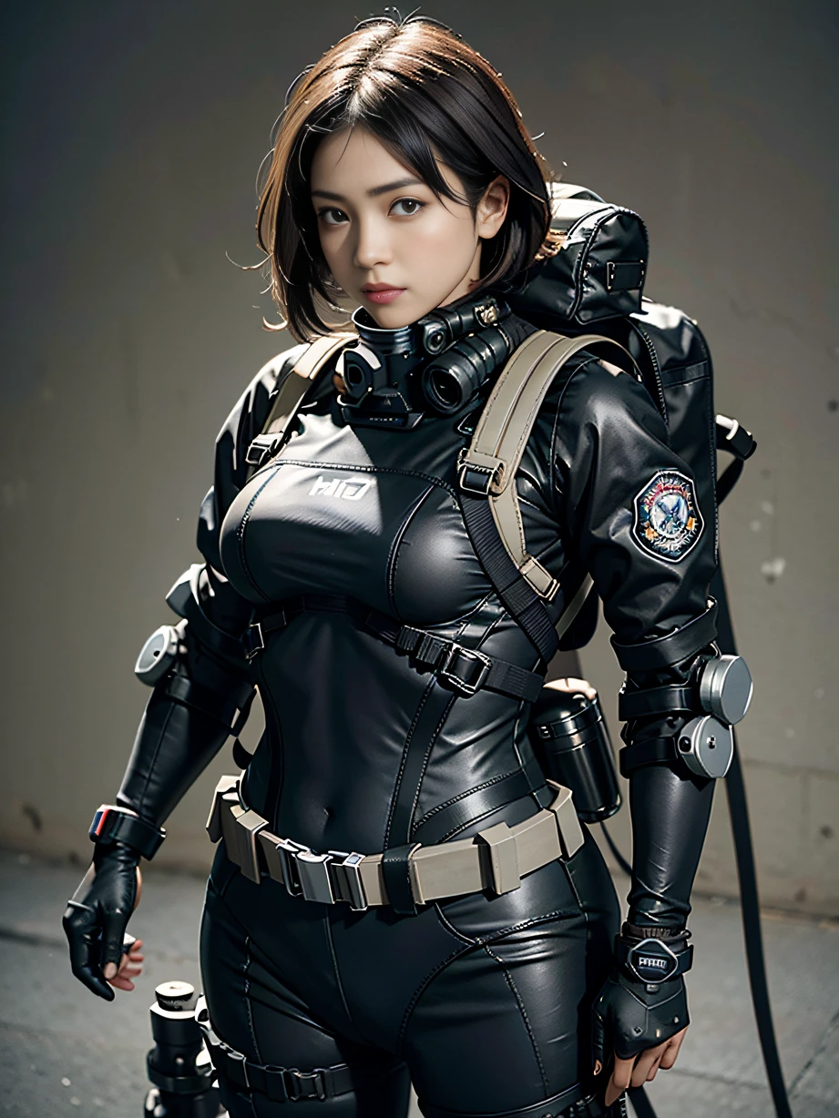 1 WOMAN, OLD, 48 year old, Asian WOMAN, full body from head to toe, realistic, realistic face, realistic eyes, worried, looks over her shoulder, side lighting, wallpaper, looks at viewer, futuristic steampunk buildings in background, long cape and sleeveless hood, cut out front of one piece swimsuit, ground earth, outdoors, hold steampunk sword in left hand, fly in the sky with steampunk jet pack, dragon logo, , (Thick thighs:1.3) , (HUGE BREASTS:1.3), (CHUBBY)