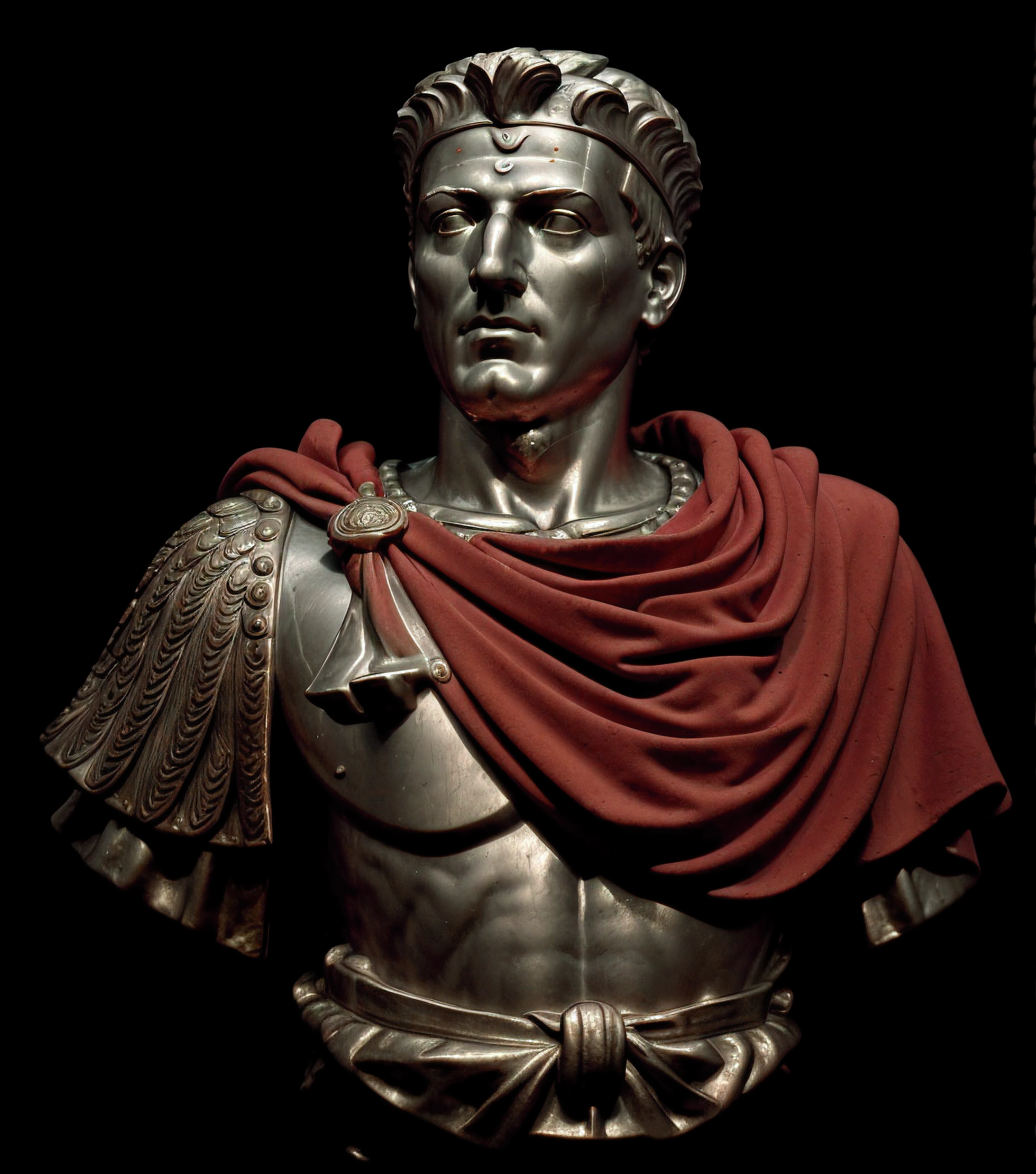 a close up of a statue of a man wearing a red cape, roman emperor, inspired by Pogus Caesar, caesar victorious, by Pogus Caesar, inspired by Caesar van Everdingen, roman centurion, julius caesar, inspired by Caesar Andrade Faini, caesar, roman legionnaire, ancient rome man, portrait of emperor of mankind