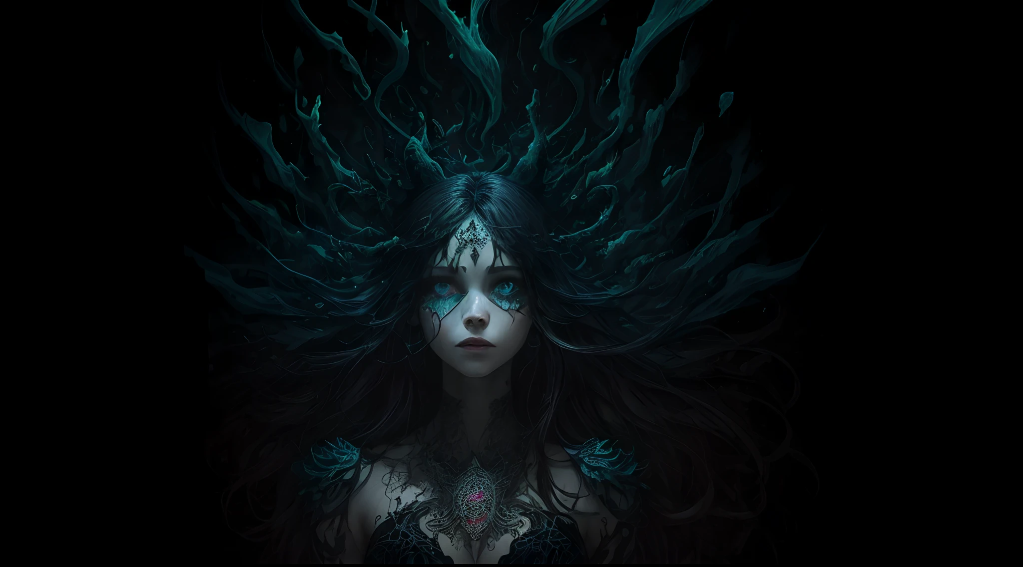 low saturated bright paste pastel coloring illustration, Imagine the background to be in an overall mandala shape a grotesque tableau of discordant chaos, a surreal fusion of jagged lines, blistering colors, and eerie textures. A young woman with bioluminescent long hair and blunt abngs infront of it facing sideways.