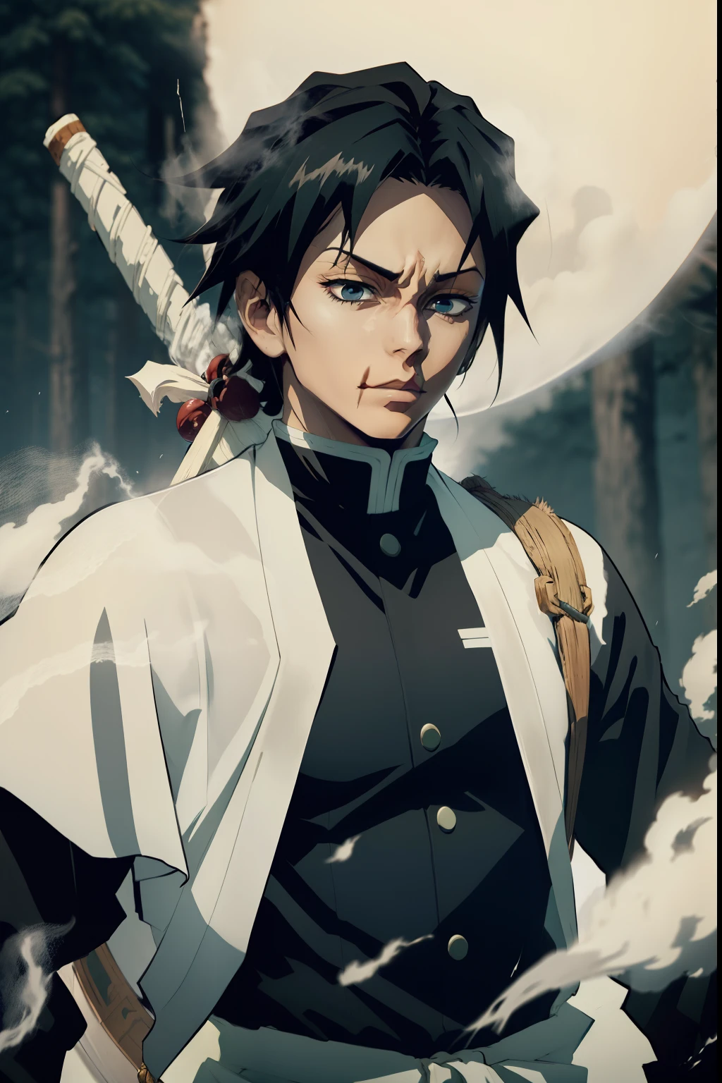 jovem, homem branco, Penteado Toji, Uniform demon slayer, nevoeiro, Bleach pose, Mist around, Espada Azul, black hair, lutando, mist breath