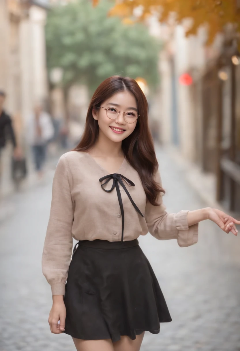 masterpiece, a smiling girl with holding one hand and bow her body, swirling long hair, in street, autumn feel, wearing a shirt and a short skirt and slippers, light shine from aside, a cinematic condition, japanese girl, fixed finger, humanise, in indonesia background style, black hair, wear a thin glasses, standing pose, full body