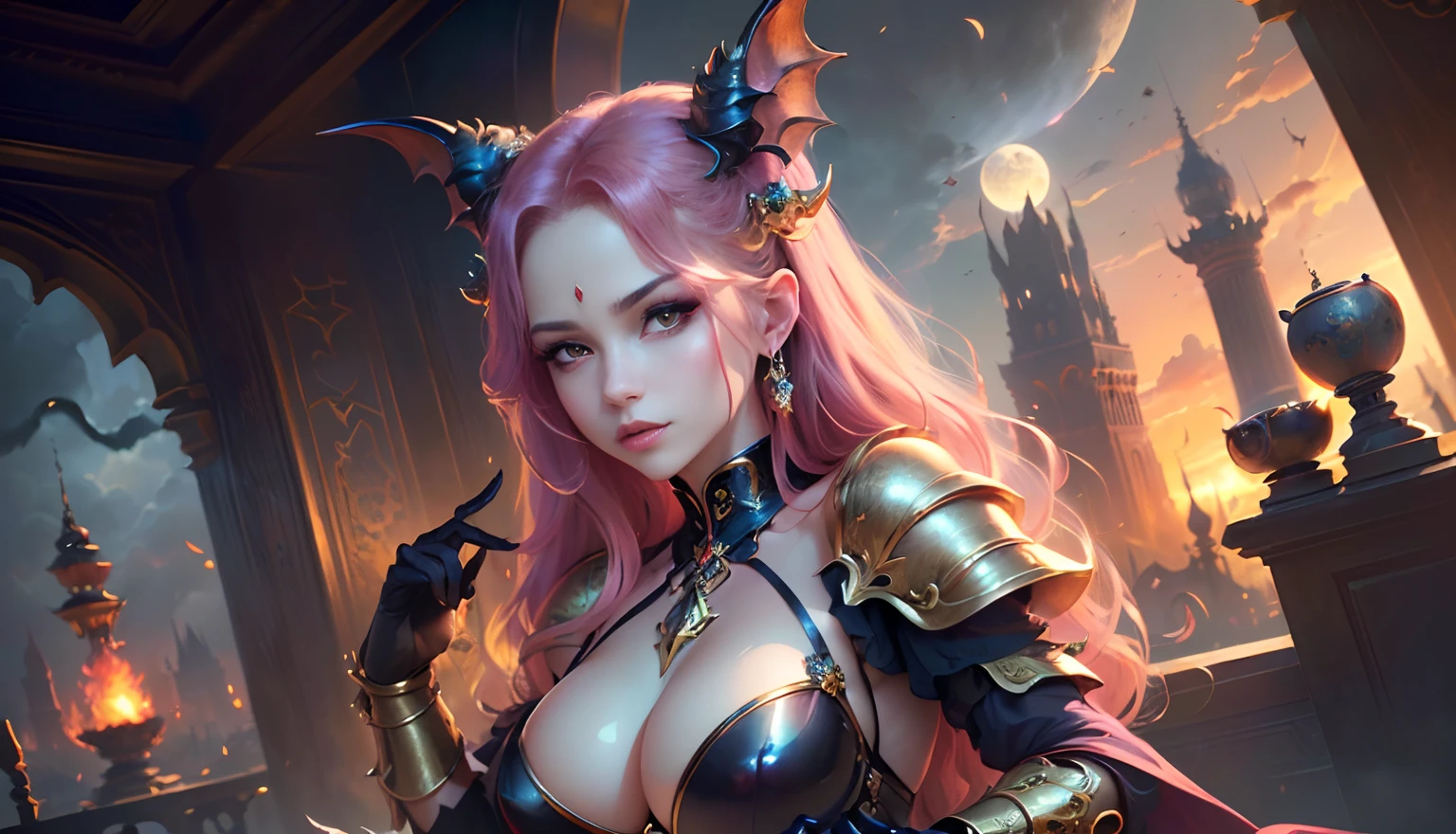 ((Need)), ((tmasterpiece)), (A detailed), Enchanting succubus, Sexy beauty, Perched in clouds, (fantasy illustrations:1.3), Seductive gaze, Charming seductive pose, tight top, wearing golden armour，otherworldly charm, Mysterious Sky, Strange fire clouds，the setting sun，moon full，Seductive pose，Chibi Ancient City，Large portrait building，Head facing right。