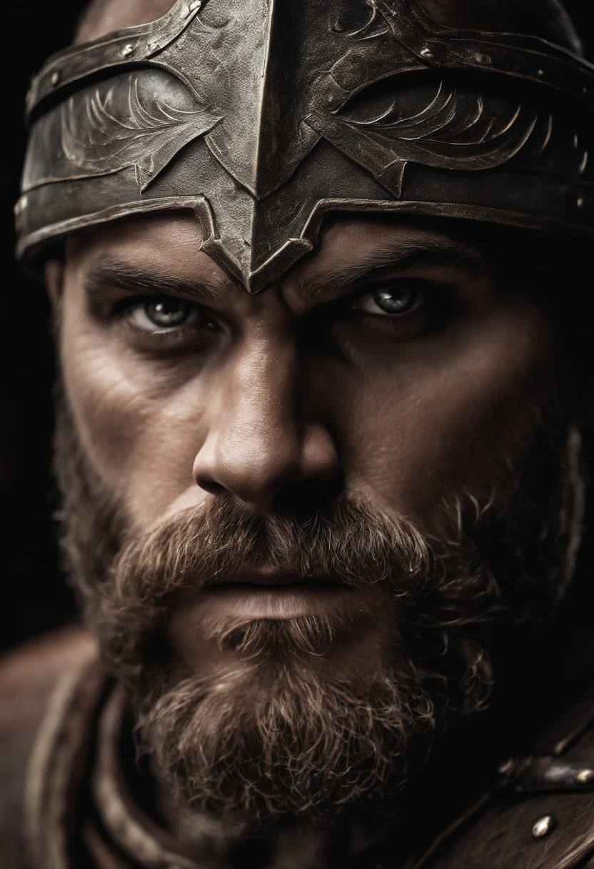 Vividly describe the face of a Viking-style man, inspirado no personagem Kratos, as if it were selling an ultra-realistic representation in a high-quality film. Highlight the traits of courage and strength in your facial expression, detalhando sua barba imponente , olhos intensos e cicatrizes de batalhas passadas, in a way that makes it look like you're watching a fearless warrior with a respectful gaze and an imposing presence directly on the movie screen."