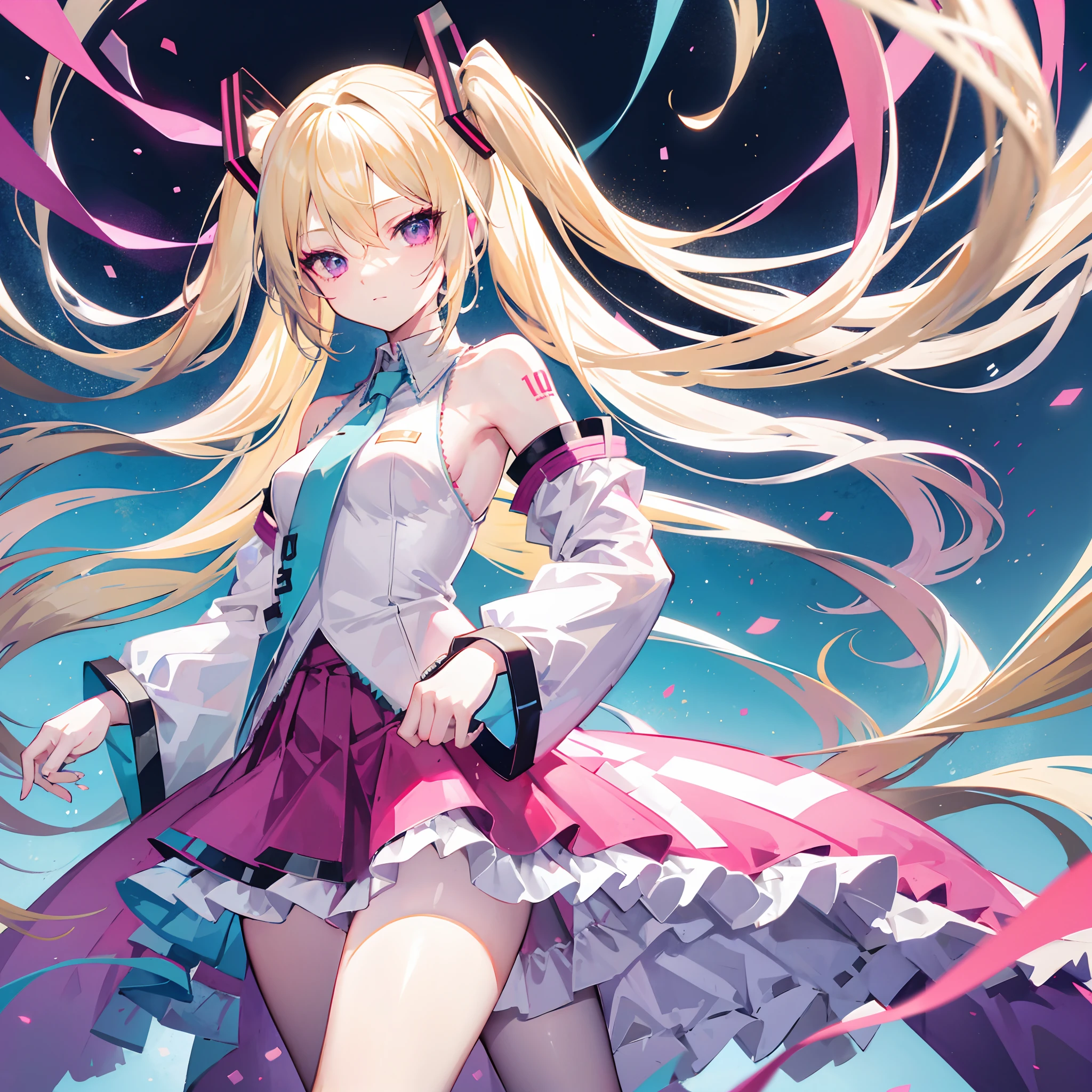 long blonde hair,magenta eyes,hatsune miku clothes