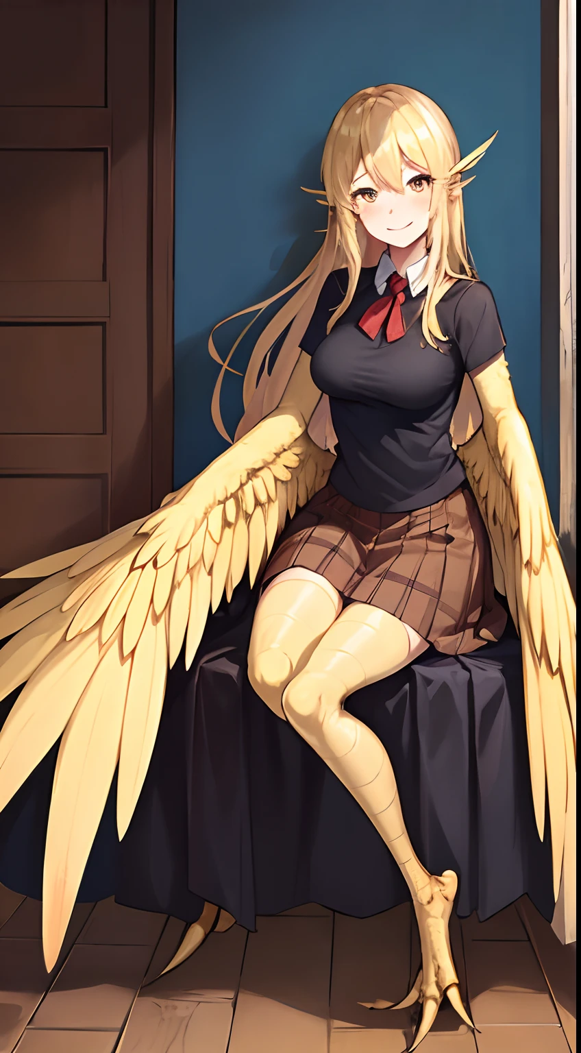 1woman,solo,40s,happy face,shirt, skirt,medium tits,blonde hair,long hair,yellow eyes,harpie,blonde wings,long hair,claws,room, no arms