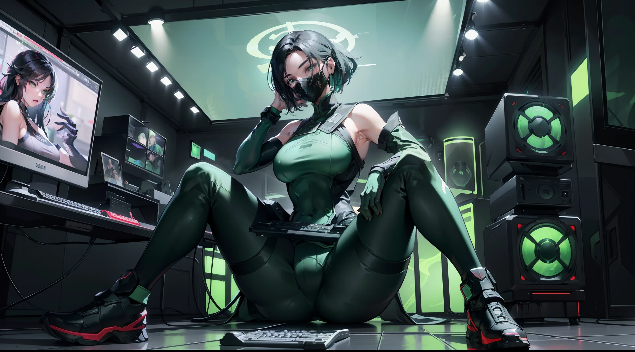 insane details, beautifully color-graded, Unreal engine, Depth of field, extra high resolution, megapixel, Cinematic Lightning, Smoothing, insanely detailed and intricate , Hyper maximalist, hyper realistic, volumetric, Photorealistic, ultra photorealistic, ultra- detailed, intricate details, 8K, Super detailed , Full color, voluminous lighting, HDR, Realistic, Unreal engine, 16k, sharp-focus, Octane Render, RTX. Incredibly detailed faces, Incredible fingers, Unbelievable eyes, Incredible hair, Incredible hands ((( Free postures, sexuality ))) (( brightly, brightly:1,3 , color corrected )) (( Good, ssmile )) ((( Rotated to the right ))) (( big breastes)) (( in clothes )), tmasterpiece, ( venom, Green, tmasterpiece ) (( Respirator face mask )) (( green eye color )), on the background map from Valorant, (((((独奏))))), red neon on the background, gamer, Backlit keyboard and mouse, plays computer games, holds the keyboard and mouse, A powerful computer, RGB lighting, Streamer microphone, RGB microphone, Game stage, ((((Sitting at a computer with a keyboard)))), One computer, Single Monitor, RGB interior lighting, Toxic Green Room, Plays keyboards, uses the keyboard