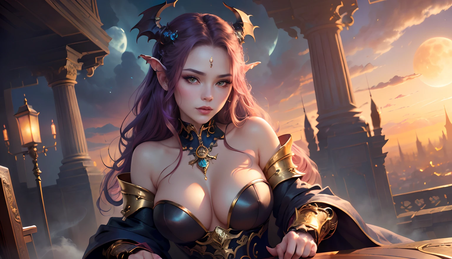 ((Need)), ((tmasterpiece)), (A detailed), Enchanting succubus, Sexy beauty, Perched in clouds, (fantasy illustrations:1.3), Seductive gaze, Charming seductive pose, tight top, wearing golden armour,otherworldly charm, Mysterious Sky, Strange fire clouds,the setting sun,moon full,Seductive pose,Chibi Ancient City,Large portrait building,Head facing right。