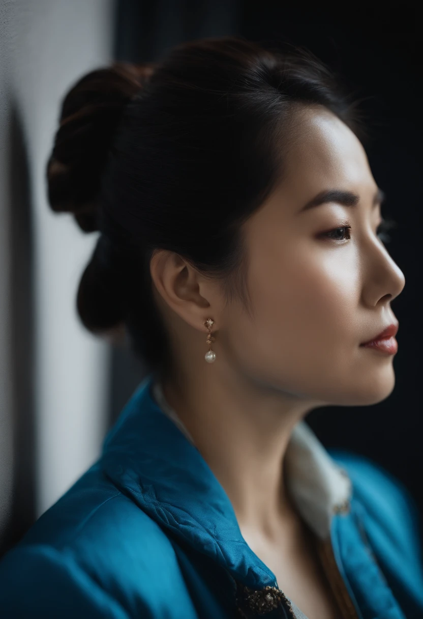 Asian woman in blue jacket against wall, close-up do rosto, luz lateral