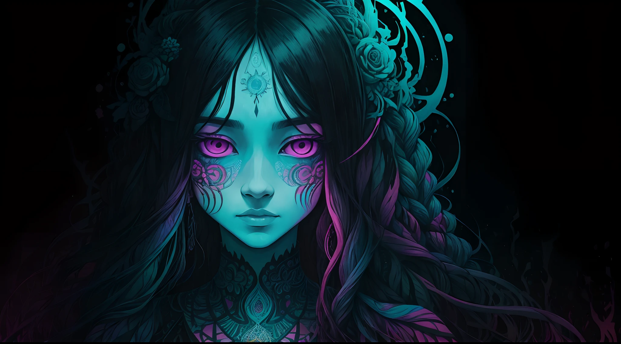 low saturated bright paste pastel coloring illustration, Imagine the background to be in an overall mandala shape a grotesque tableau of discordant chaos, a surreal fusion of jagged lines, blistering colors, and eerie textures. A young woman with bioluminescent long hair and blunt abngs infront of it facing sideways.