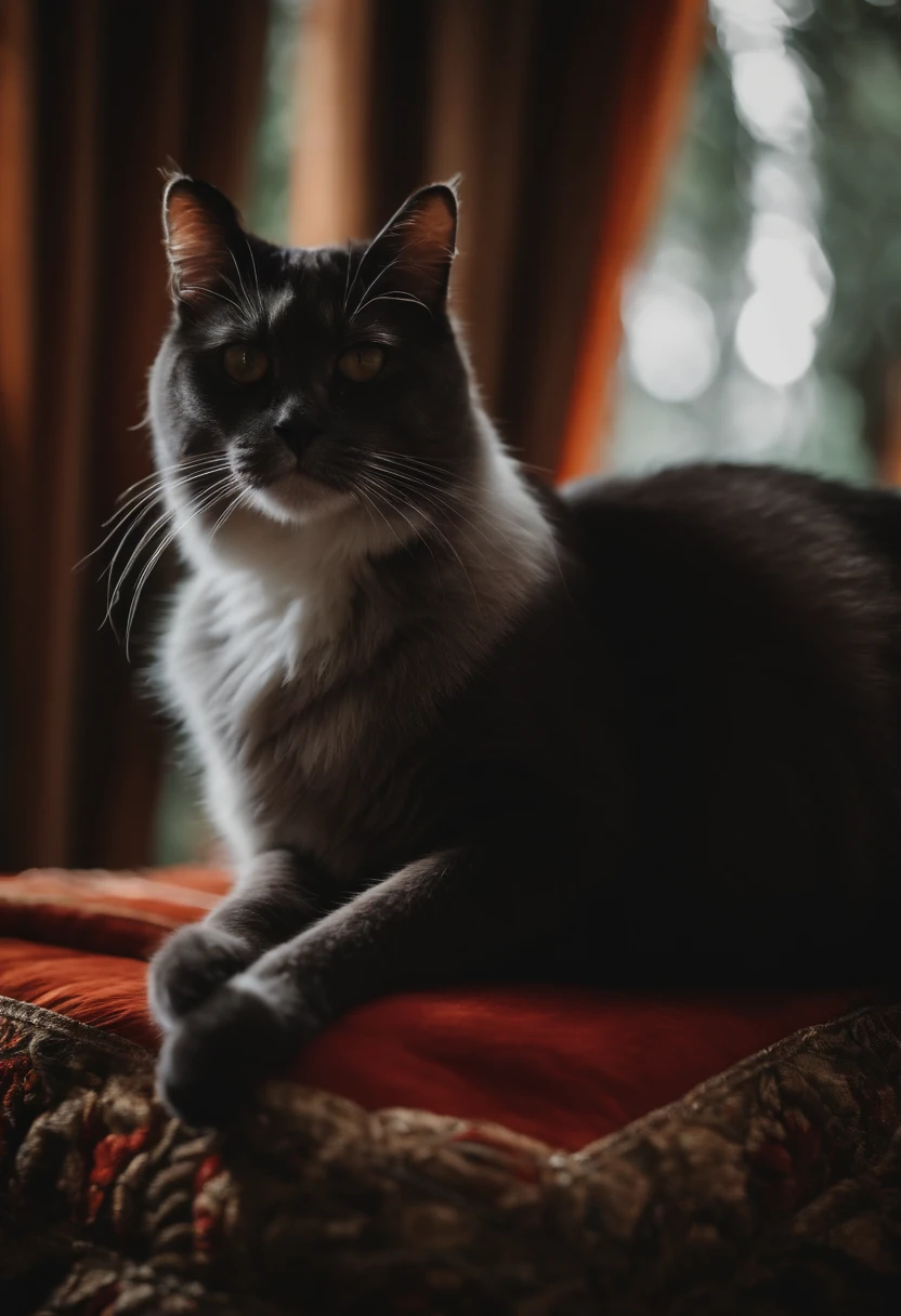 Gato cinza rajado, uma gata preta doente na cama, casa de floresta, quarto de floresta, vestido de noiva pendurado