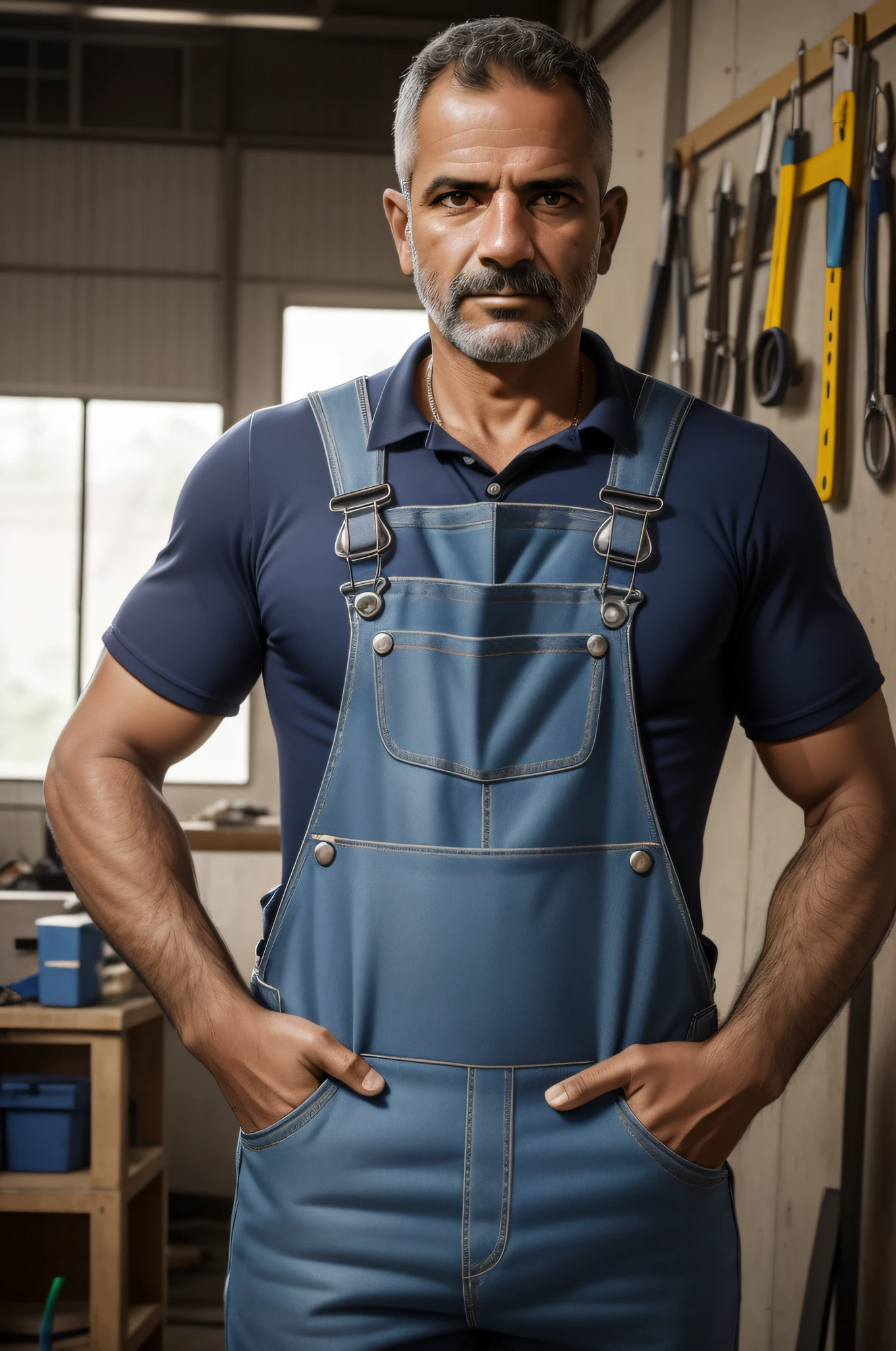 Brazilian coach, 40 anos, wearing overalls in workshop, rosto detalhado, detailed hands, vista frontal, profundidade de campo, Vibrando