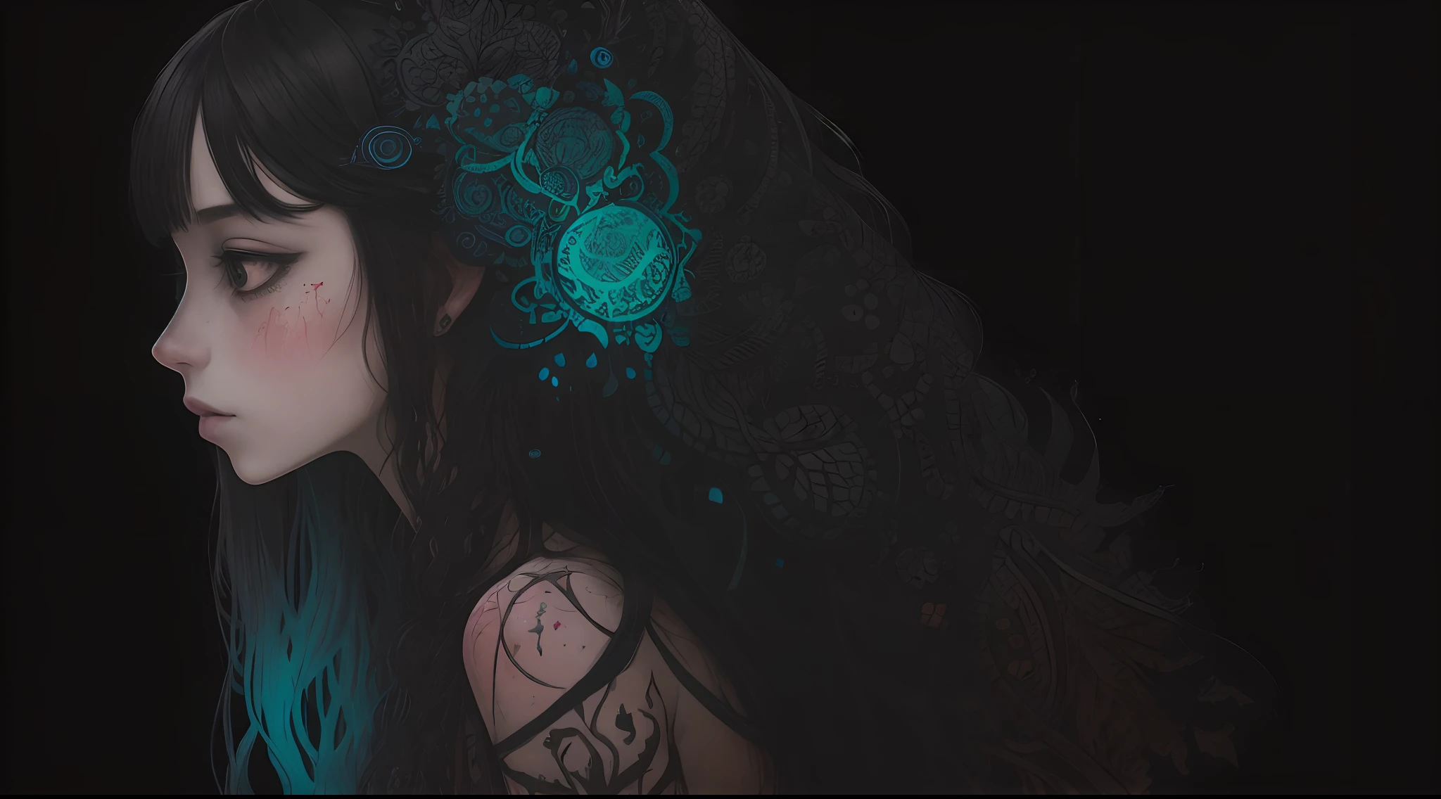 low saturated bright paste pastel coloring illustration, Imagine the background to be in an overall mandala shape a grotesque tableau of discordant chaos, a surreal fusion of jagged lines, blistering colors, and eerie textures. A young woman with bioluminescent long hair and blunt abngs infront of it facing sideways.