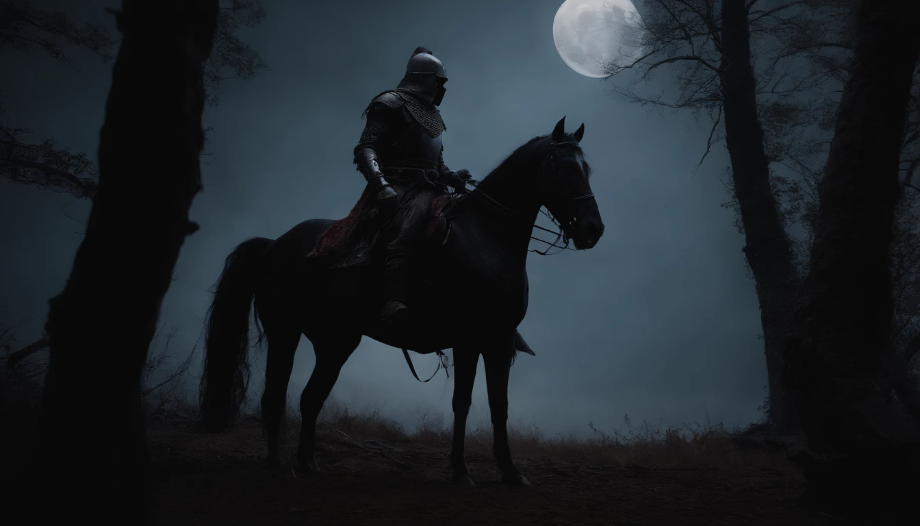 Undead Terror Knight,Riding black(Red-eyed zombie horse:1.5),The background is pitch black wilderness,There were several dried corpses hanging from a dead tree,(themoon),horror atmosphere,4K,best qualtiy,primitive,((Ultra-detailed and high-precision details)),digital painted