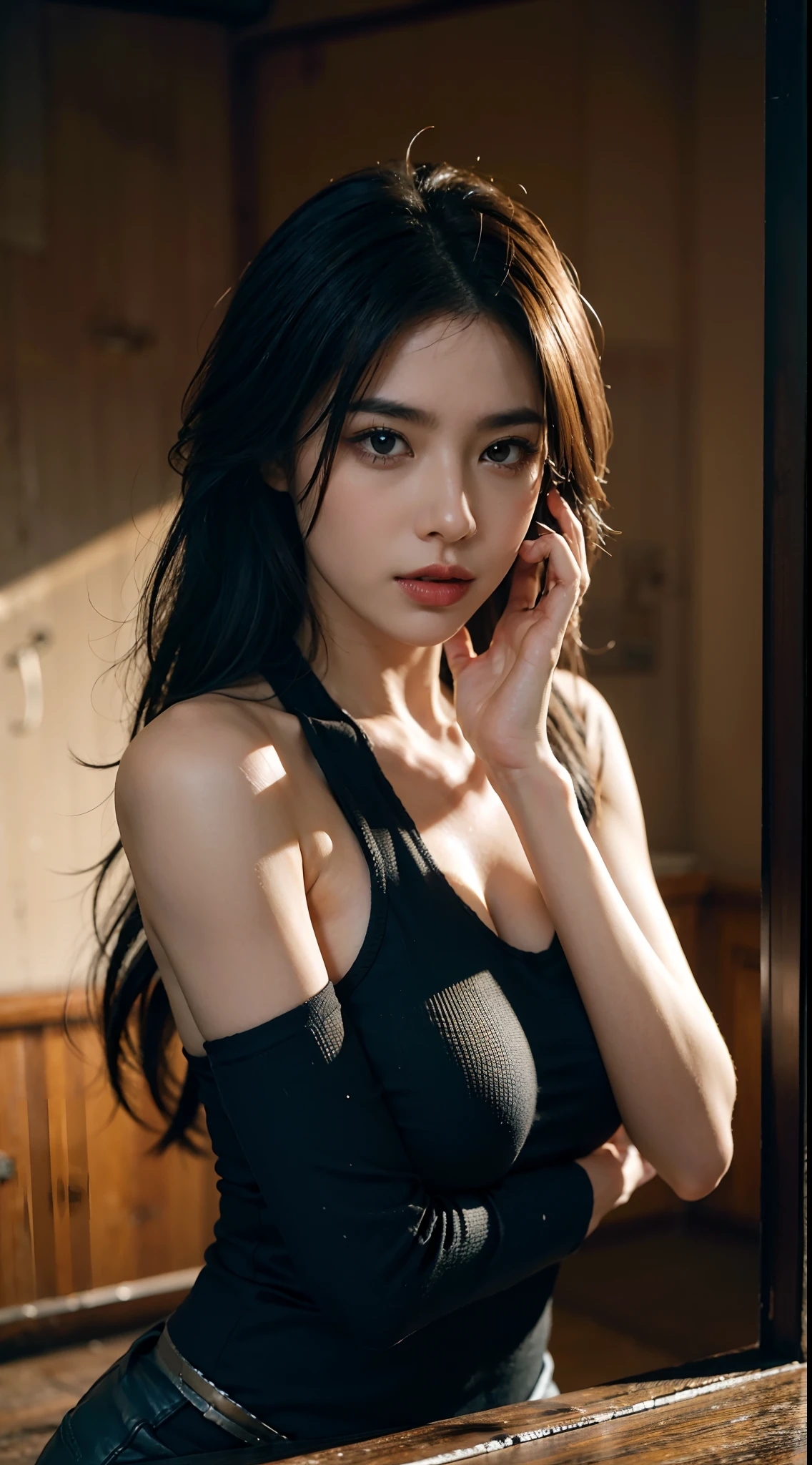 ((realistic face, seductive, adult look, white eyes)), (grey crop top, black underwear, short clothes), (black long hair), (20 years), (1 girl), (4k style))