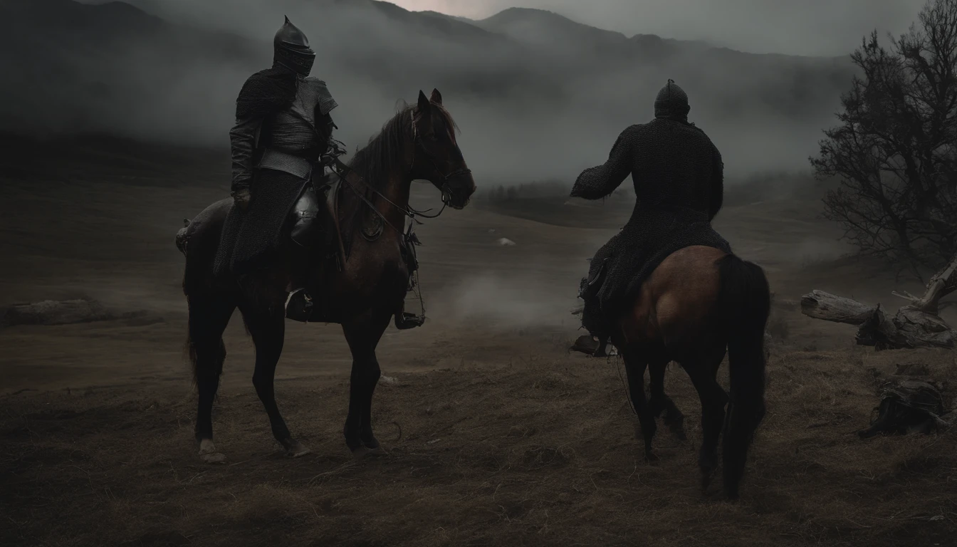 Undead horror knight with black helmet，Riding black（Red-eyed zombie horse：1.5），The background is pitch black wilderness，There were several dried corpses hanging from a dead tree，(themoon),horror atmosphere，4K，best qualtiy，primitive，（(Ultra-detailed and high-precision details))，digital painted