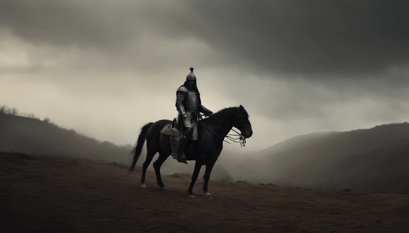 Undead horror knight with black helmet，Riding black（Red-eyed zombie horse：1.5），The background is pitch black wilderness，There were several dried corpses hanging from a dead tree，(themoon),horror atmosphere，4K，best qualtiy，primitive，（(Ultra-detailed and high-precision details))，digital painted