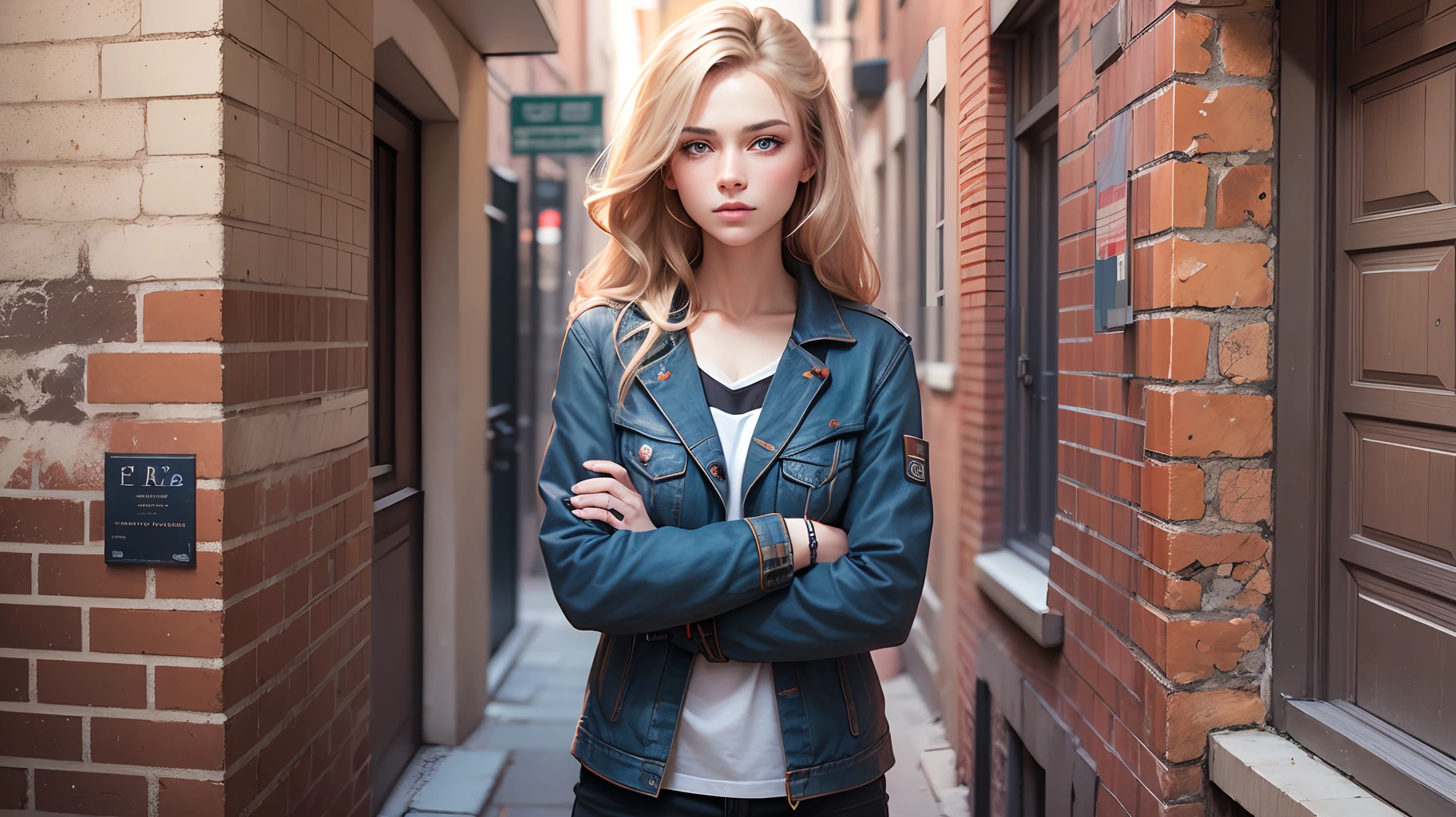 A man has blue eyes and brown hair, standing on the sidewalk and leaning against a brick wall, a woman with blond hair and blue eyes is drawn on the wall, digital art, 8k --auto --s2
