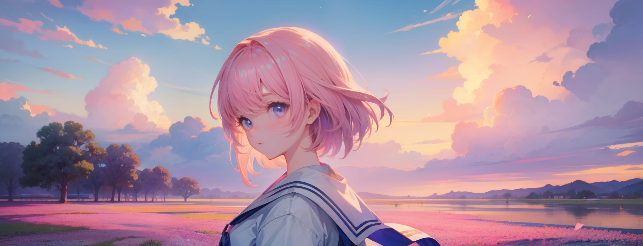 Bloom light, 1girl, Wearing school clothes, looking at viewer, Masterpiece, (anime style), glowing, sky