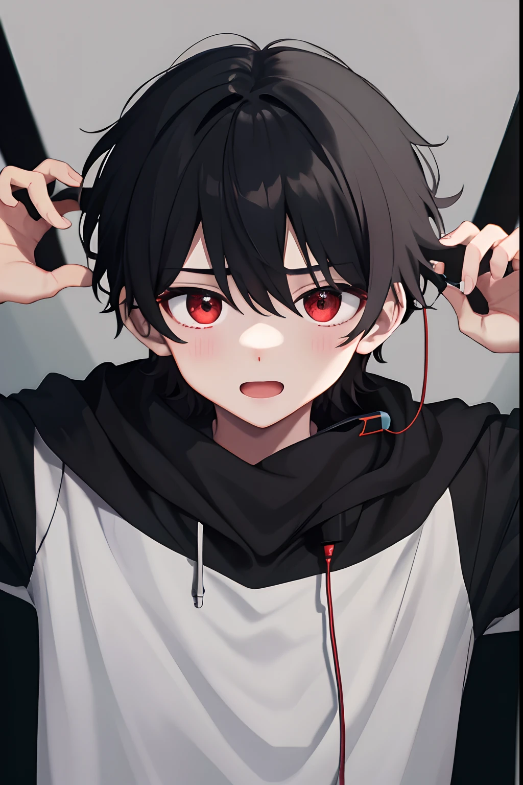 A boy，is shy，Open-mouthed，black color hair，Earphone，Be red in the face，embarressed