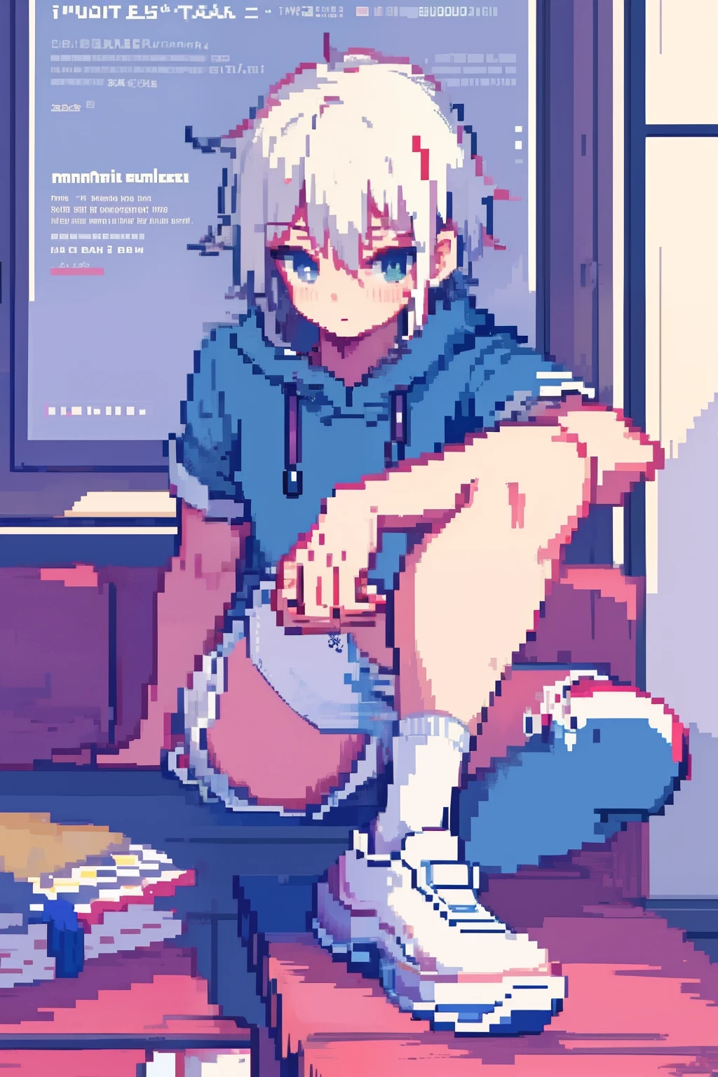 Top works,highest quality,pix,pixelart,boy,pixel art, white colored hair, Short shorts, худи, long socks, tousled hair, Detachable hair, embarrassed, red cheeks, lean, cute, Handsome,The upper part of the body, 1 boy, boy, short hair