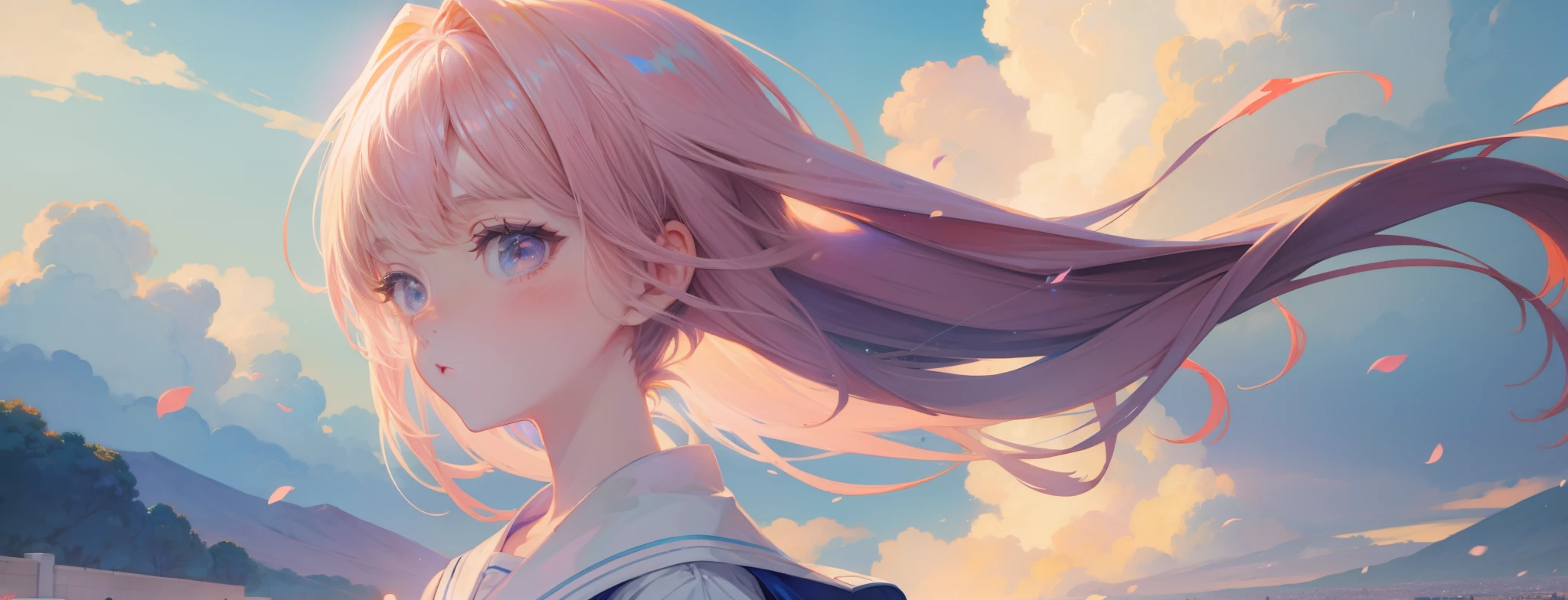 Bloom light, 1girl, Wearing school clothes, looking at viewer, Masterpiece, (anime style), glowing, sky