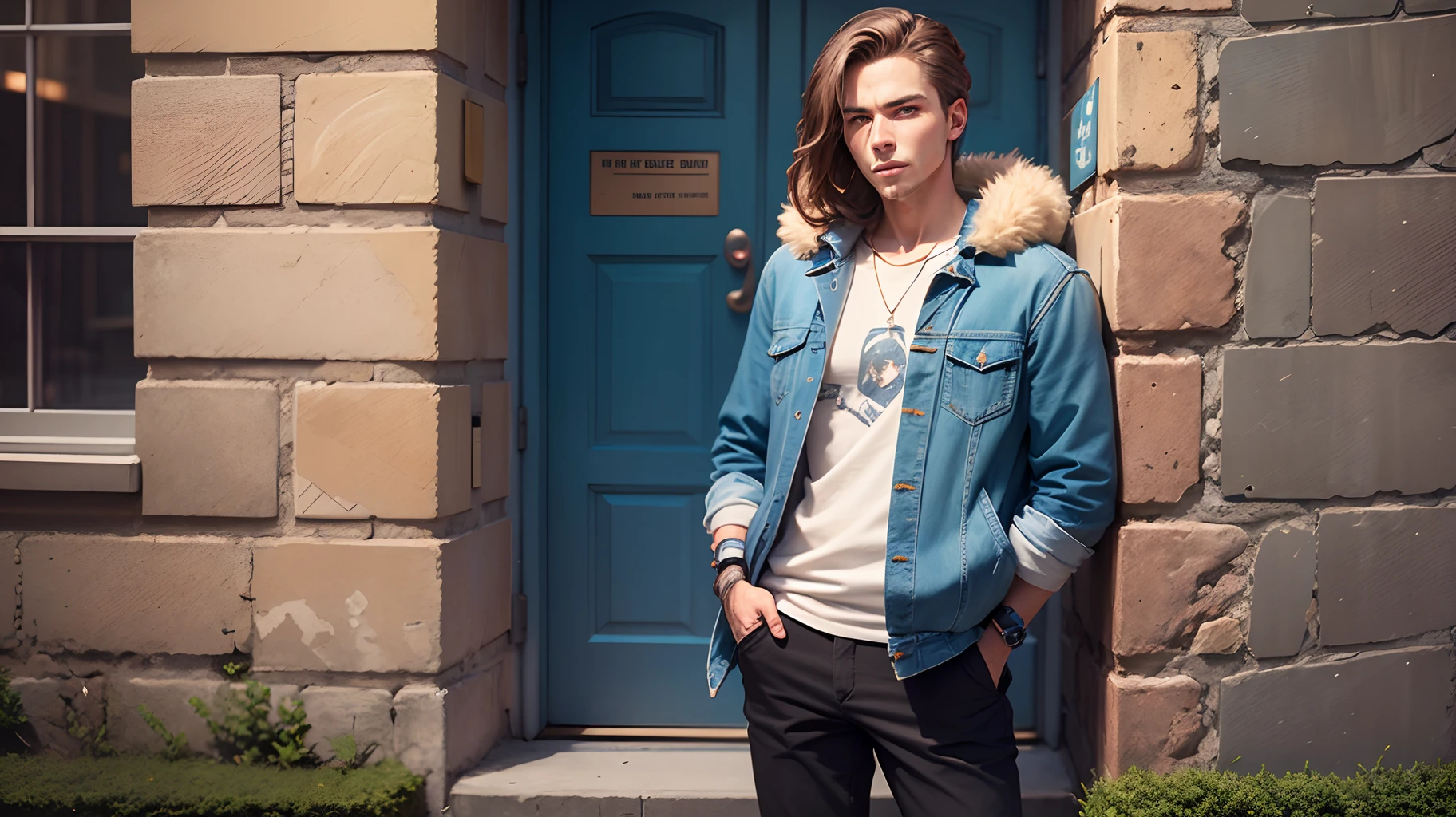 A man has blue eyes and brown hair, standing on the sidewalk and leaning against a brick wall, a woman with blond hair and blue eyes is drawn on the wall, digital art, 8k --auto --s2
