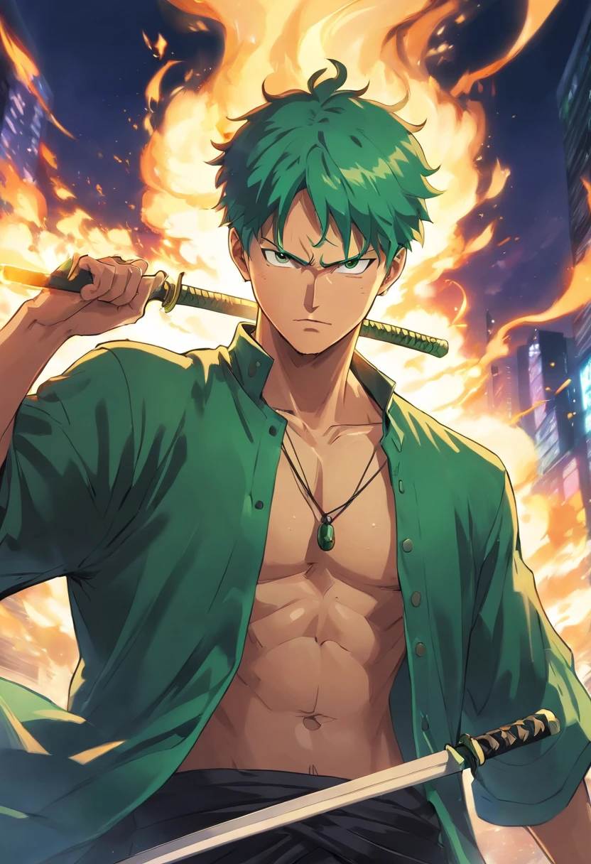 A detailed illustration of Roronoa Zoro with a dark aura, expression serious.